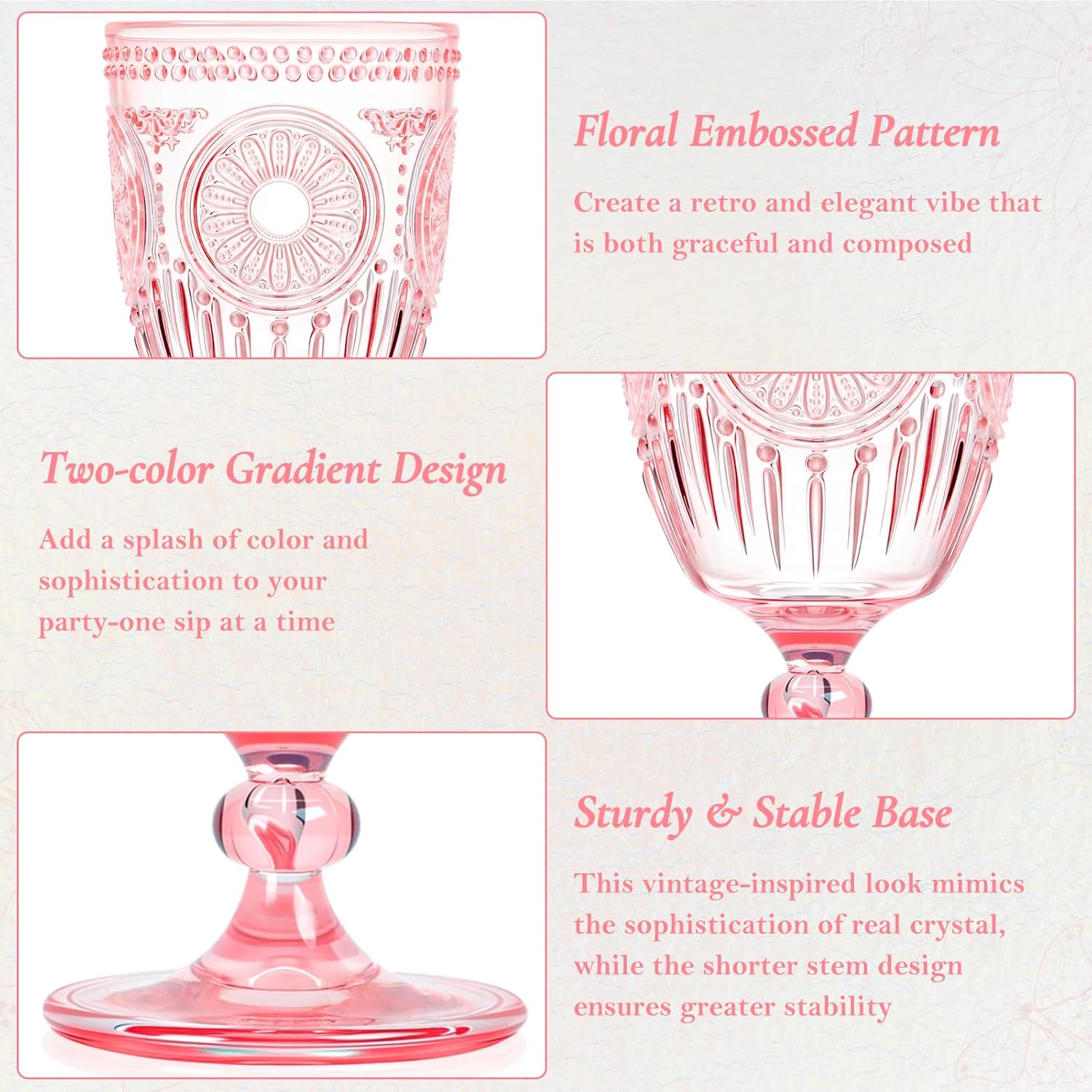 XUWAIDSGN 12Pcs Plastic Vintage Wine Glasses 13.5oz Reusable Embossed Goblet Glasses Pink Retro Wine Glassware Unbreakable Stemmed Champagne Water Cups for Wine Cocktail Juice Wedding