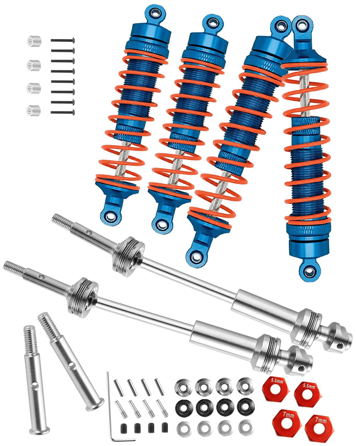 Rcarmumb CVD Shock Absorbers Upgrade Parts for 1/10 Slash 2WD,Stampede 2WD,Rustler 2WD,Hoss 2WD,Front Rear 4PCS Steel #45 DriveShaft Axles w/Red Hex,Alloy Alumium Big Bore Shocks,Silver & Navy Blue