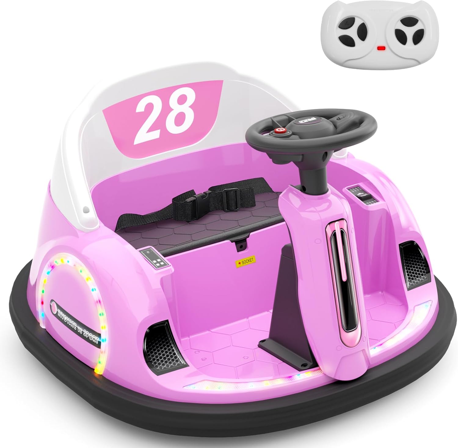 KORIMEFA 12V Electric Ride On Bumper Car for Kids & Toddlers 1.5-5 Years Old, Baby Bumping Toy W/Remote Control, Steering Wheel, LED Lights & 360 Degree Spin, Pink