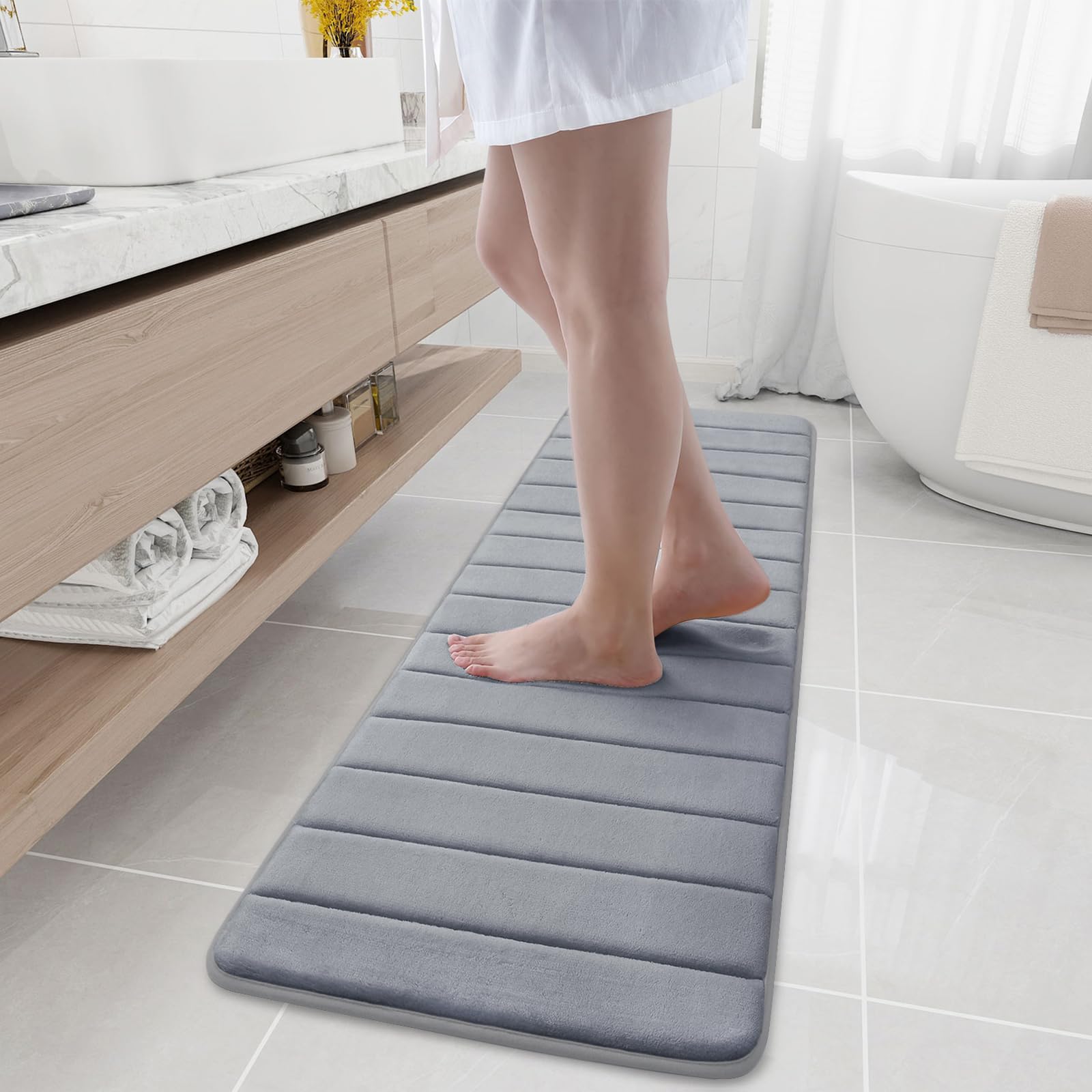 BugandaMemory Foam Bath Mat, 59" x 17", Ultra Soft and Non-Slip Bathroom Rugs, Water Absorbent and Machine Washable Bath Rug Runner for Bathroom, Shower, and Tub, Medium GreyOEKO-TEX STANDARD 100