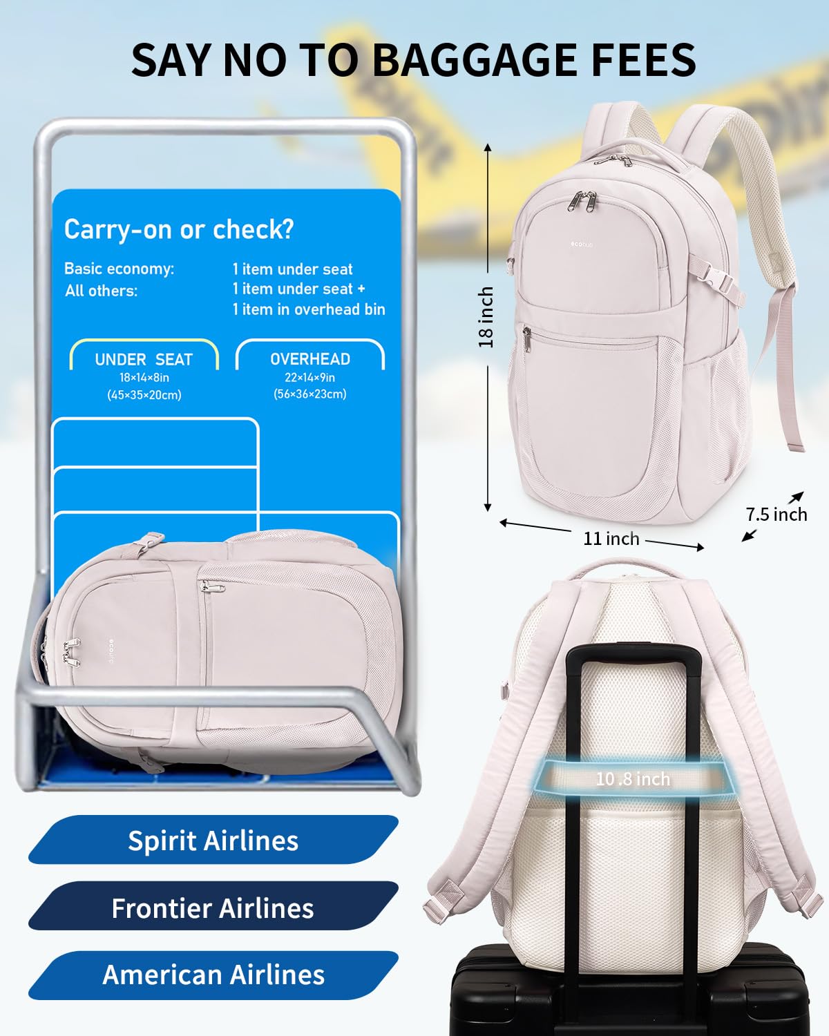 Mochila de viaje para mujer, se adapta a mochila para laptop de 17.3 pulgadas, resistente al agua, 28 L, Beige, Mochilas Daypack 8
