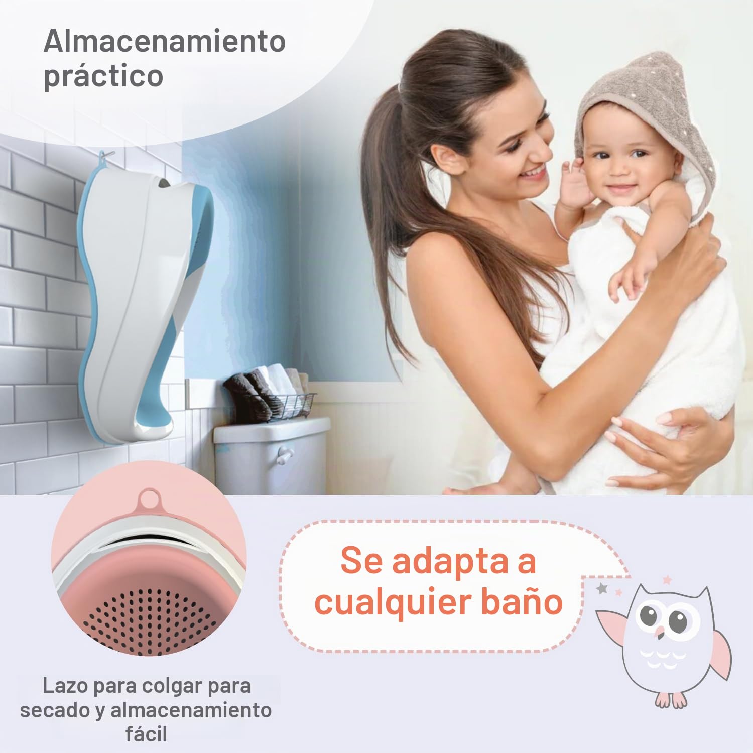 BABYLON DOLPHIN Bañera bebe 0-6 meses – Asiento bañera bebe ergonómico – Hipoalergénica, resistente al moho – Antideslizante Hamaca bañera bebe – Portátil Soporte bañera bebe – rosa