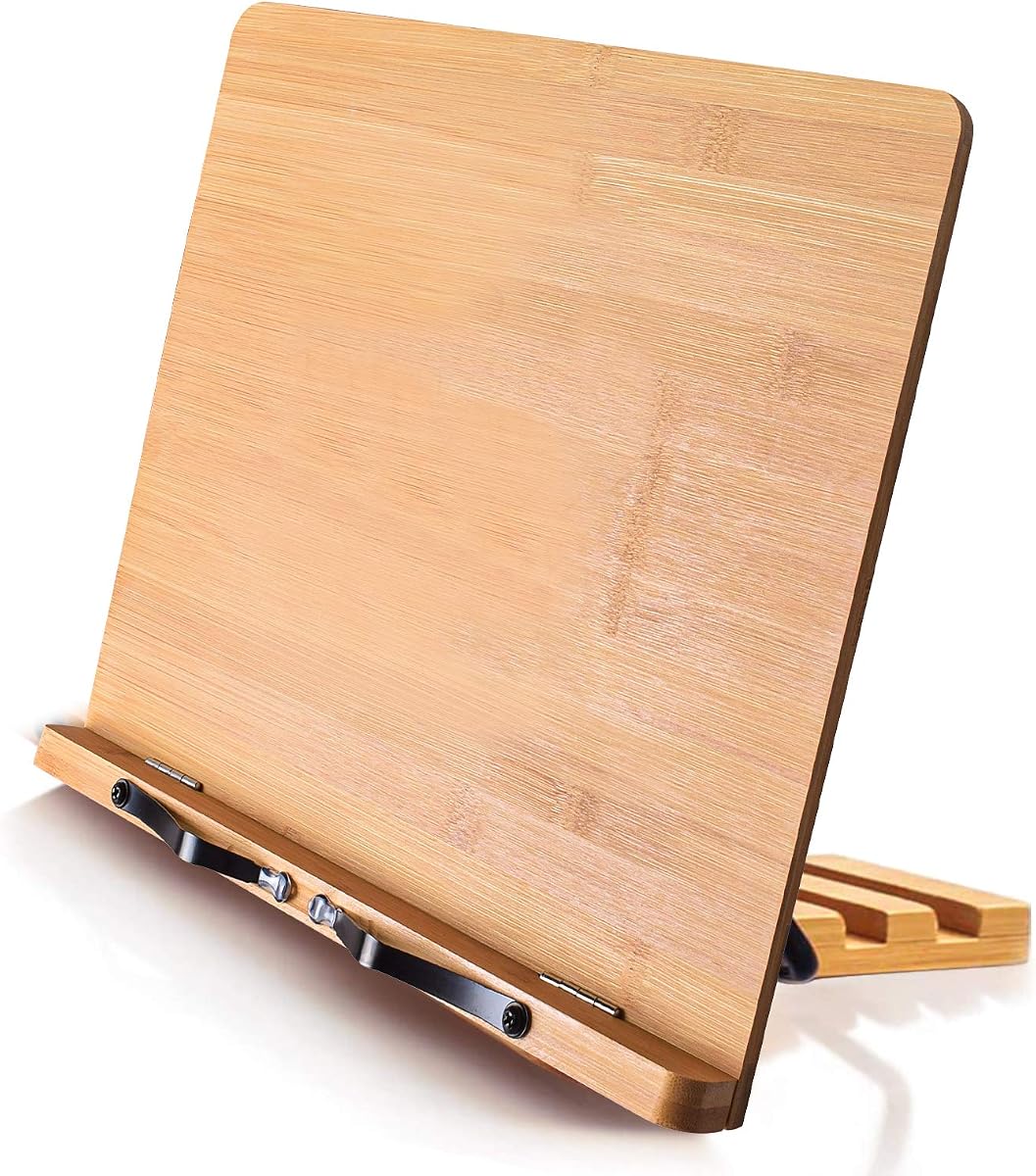 Wishacc Soporte para libros de bambú para lectura, soporte para libros de cocina de madera de primera calidad de 13,2 x 9,2 pulgadas y soporte para recetas para mostrador de cocina, caballete de escritorio ajustable plegable con 5 ángulos para libros de texto, partituras, tableta