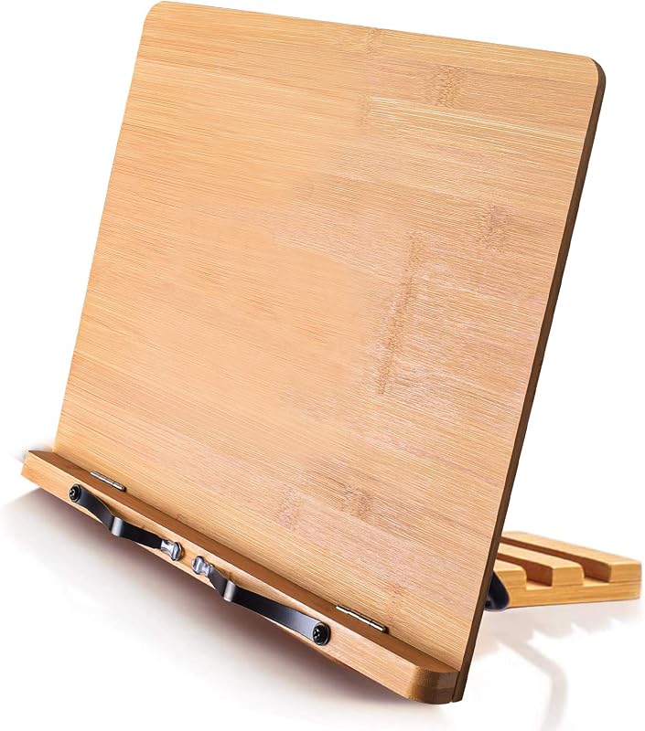 Wishacc Soporte para libros de bambú para lectura, soporte para libros de cocina de madera de primera calidad de 13,2 x 9,2 pulgadas y soporte para recetas para mostrador de cocina, caballete de escritorio ajustable plegable con 5 ángulos para libros de texto, partituras, tableta