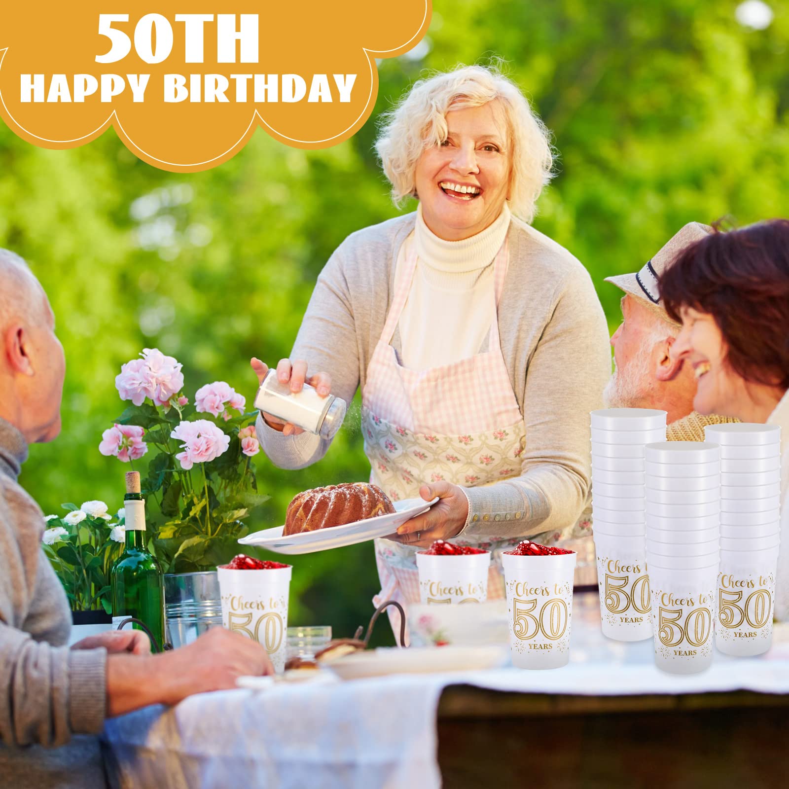 Lallisa 40 Stück 473 ml Becher zum 50. Geburtstag, Partybecher zum 50. Geburtstag, Partydekoration, Partydekoration für 50. Geburtstag, Partygeschenke für Prost bis 50 Jahre, Gold und Weiß, 40 Stück