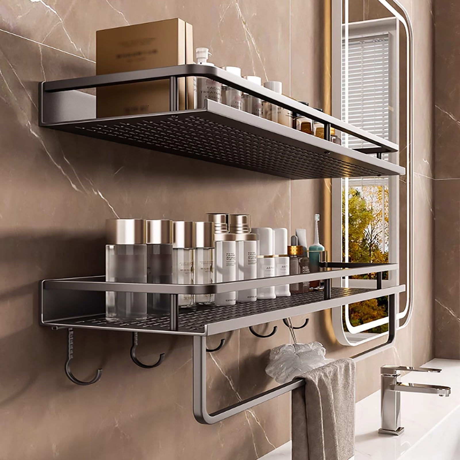 Yuidaaavzz Wall Mounted Shower Shelves Space Aluminum Bathroom Shower Caddy Rustproof Metal Bracket Larger Capacity Shower Organizers and