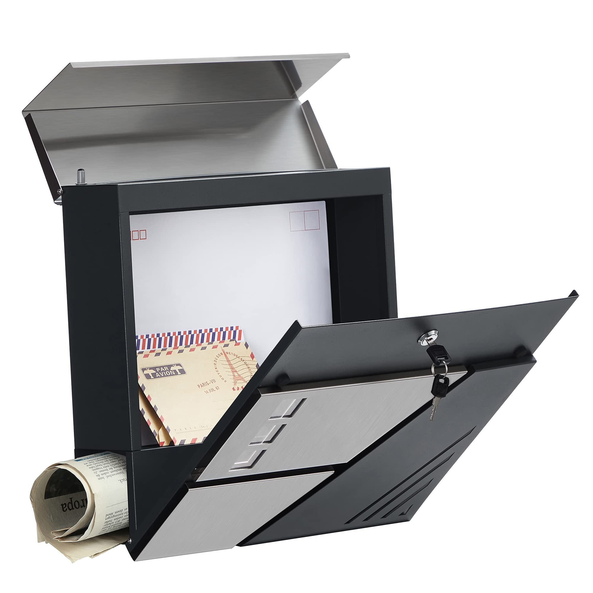 ECD Germany Moderne designdoos met krantenvak 37 x 10,5 x 36,5 cm antraciet/zilverkleurig roestvrij stalen venster 2 sleutels en bevestigingsmateriaal - wandbrievenbus krantenrol