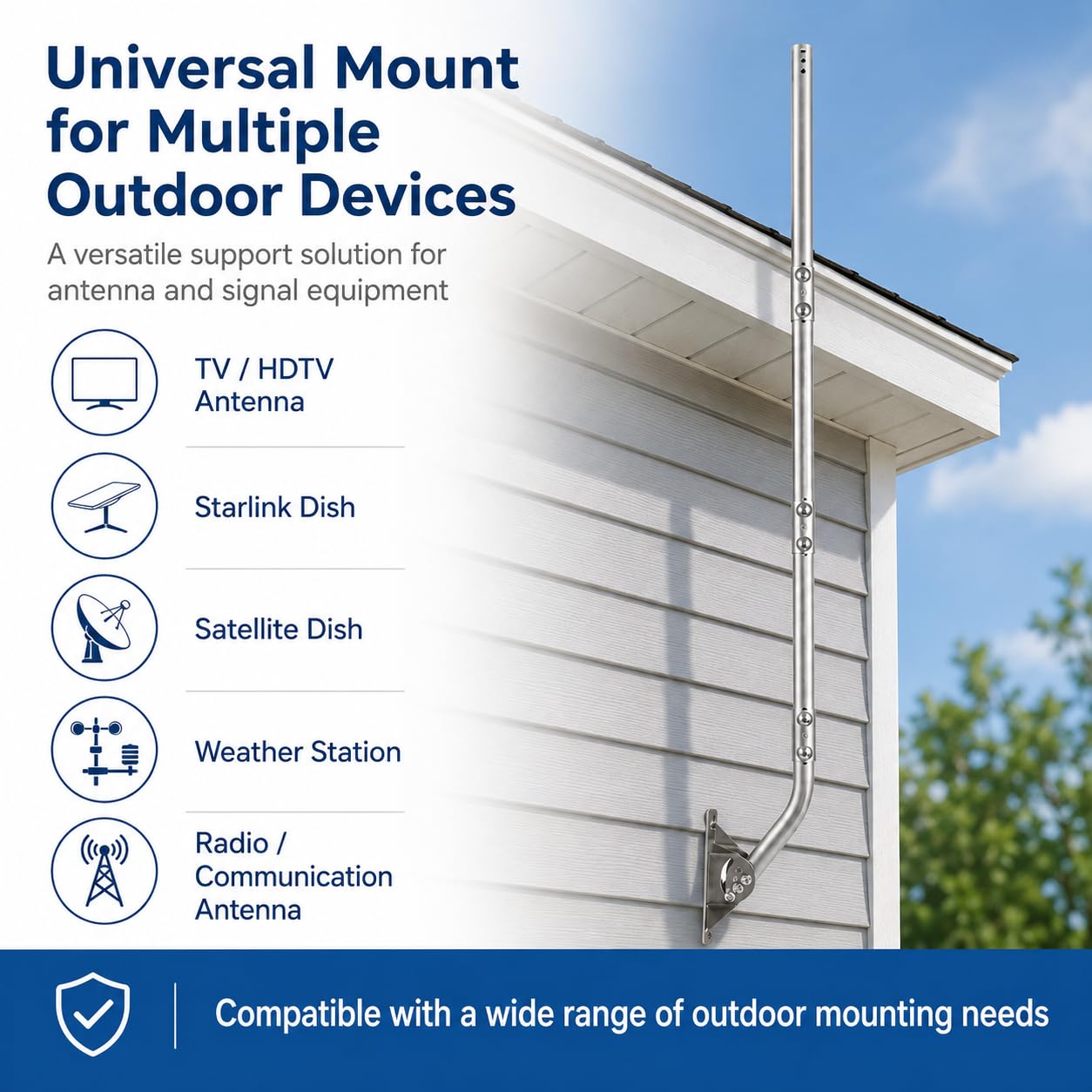 CEKAY Poteau de montage universel en acier inoxydable 304 (3,8 cm de diamètre x 172,7 cm de long), mât en J robuste pour antenne, satellite, Starlink et station météo, verrouillage pivotant réglable