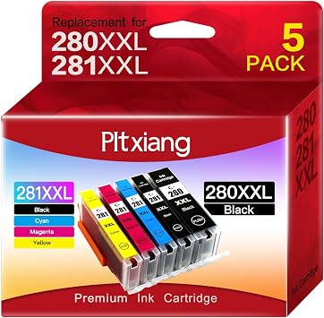 280 XXL 281 XXL Ink Cartridges Replacement for Canon PGI-280 & CLI-281 Series - for PIXMA TS702/TR7520/TR8520/TR8620/TS6120/TS6220/TS6320/TS9520/TS9521C & More - High Yield 5-Pack