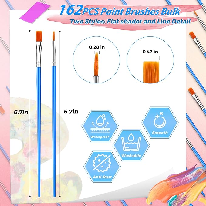 Set a granel de 162 pinceles de pintura, planas y redondas, para acrílicos, óleo y acuarelas, para manualidades y pintura de cara miniatura 2