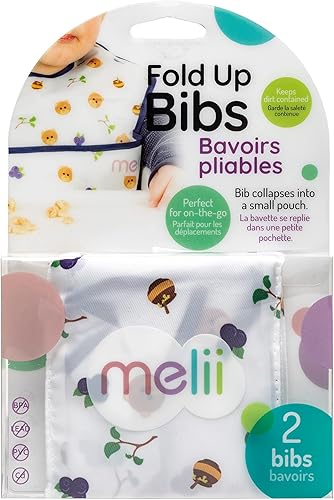 Miniatura 3 de melii Babero plegable para bebés y niños pequeños con bolsa de viaje integrada y cuchara grande, paquete de 2, sin BPA (oso)