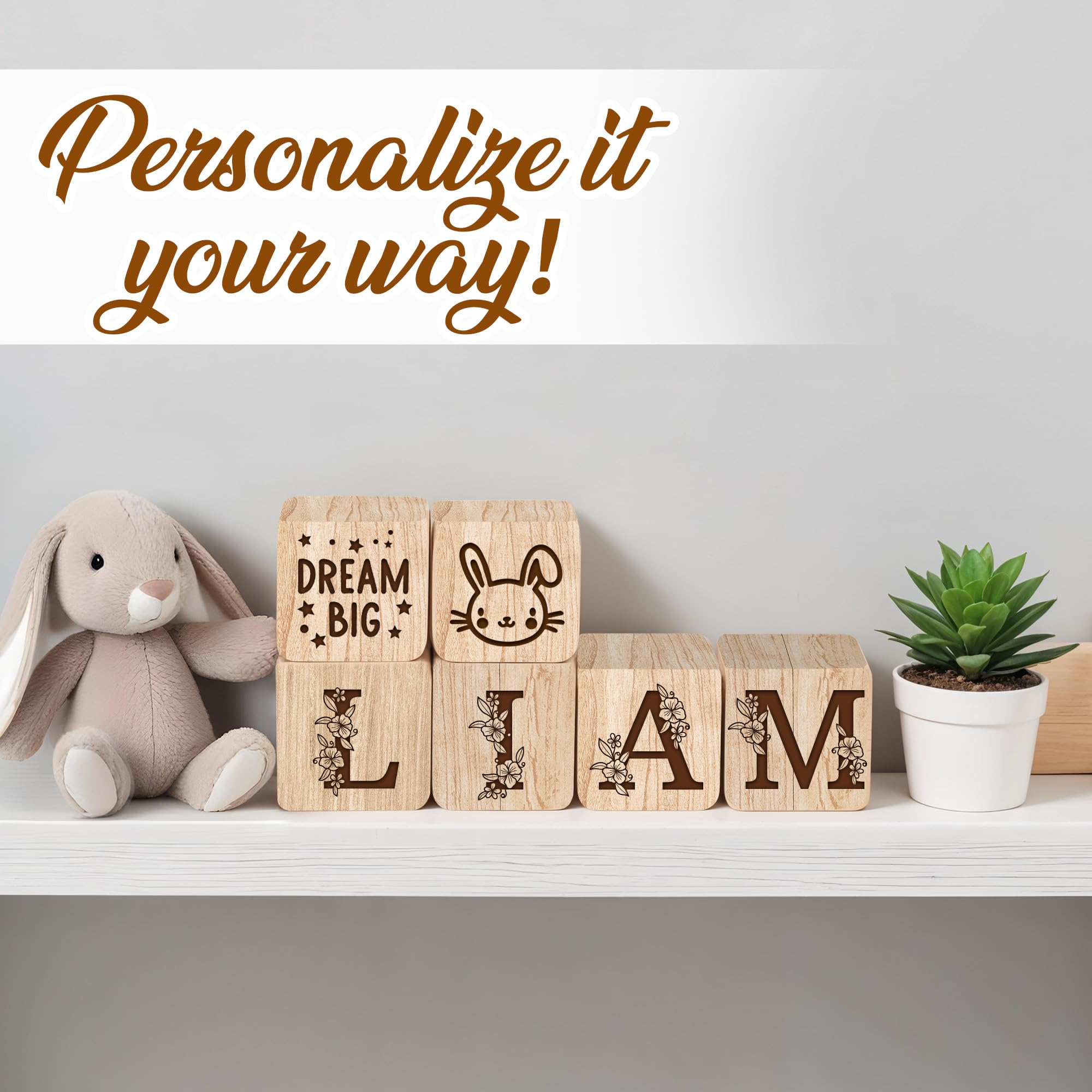 Engraved Wooden Name Block, Nursery Flowers Sign - Montessori Decor on Solid Wood