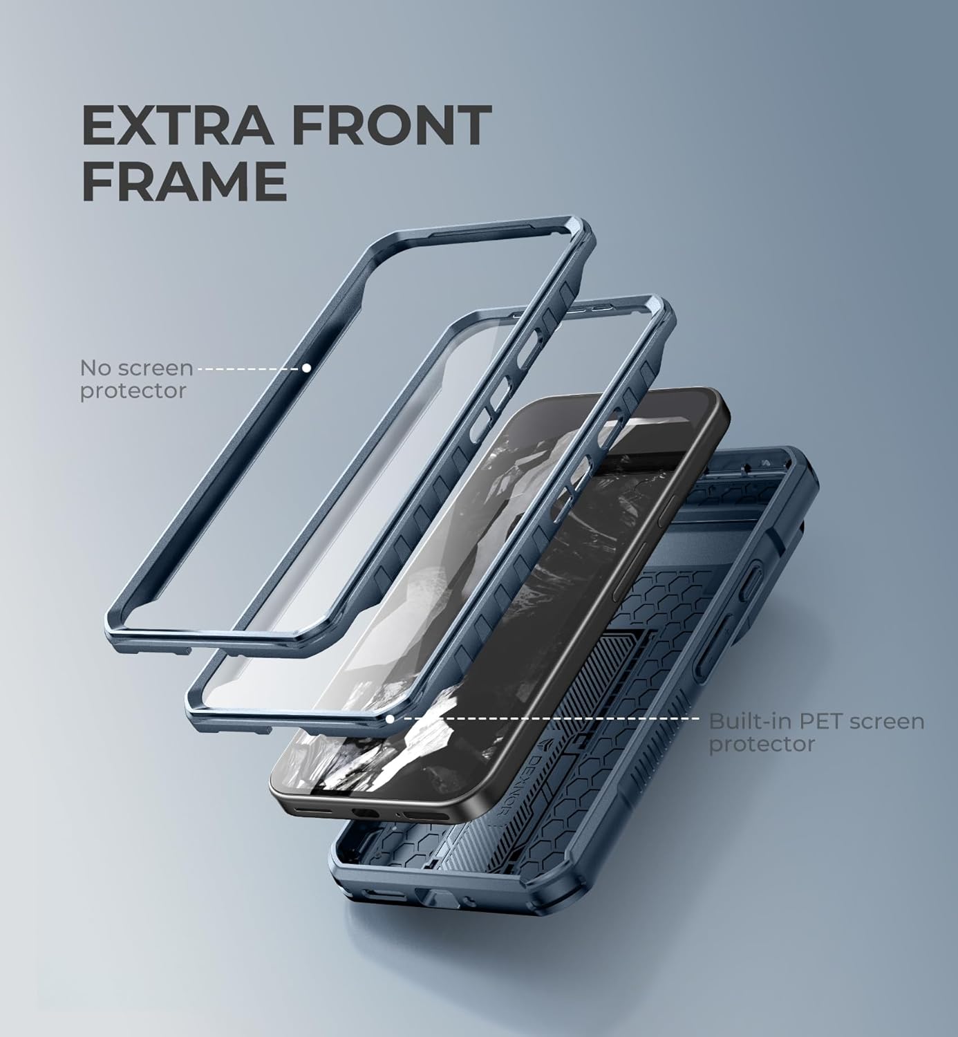 పేలింది view of the Dexnor case showing the phone, front frame with screen protector, and back cover with kickstand.