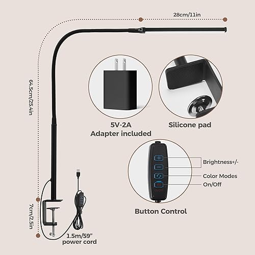 Miniatura 6 de Lámpara de escritorio LED para oficina en casa, luz de escritorio con abrazadera, luz de clip para leer, 3 modos, 10 brillo cuello de ganso
