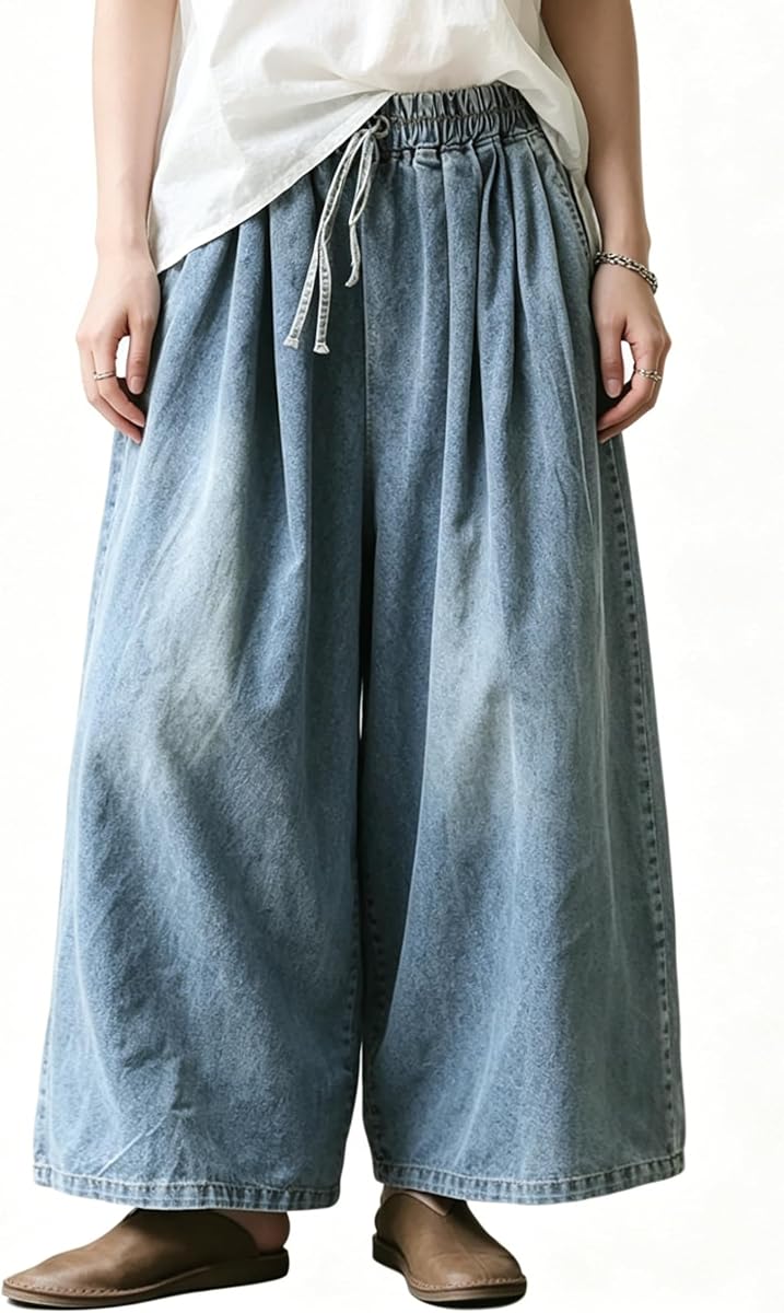 JEGERMIG Women's Wide Leg Baggy Jeans Plus Size Loose Elastic Waist Denim Pants with Deep Pockets Light Blue