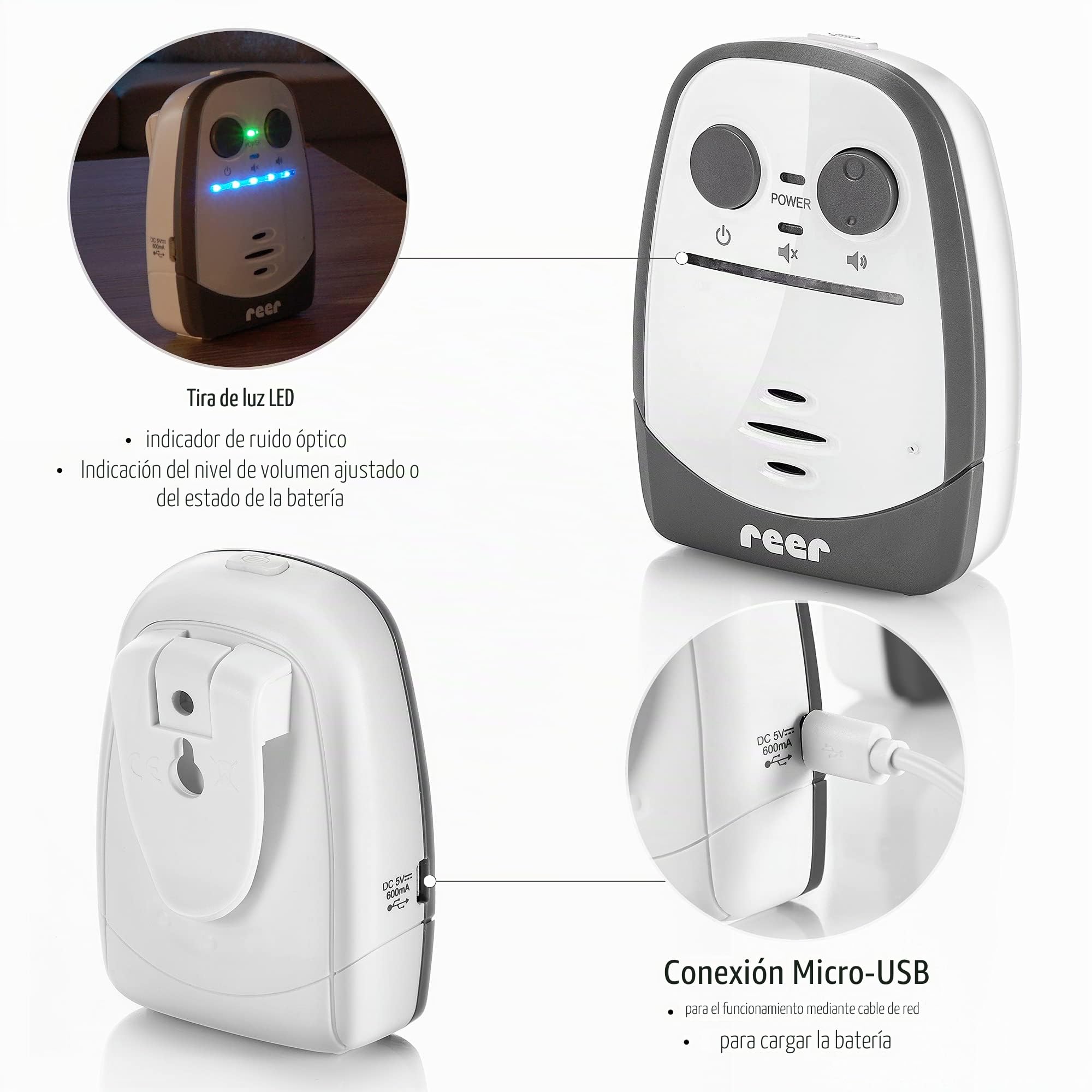 Reer Cosmo 50150 - Vigilabebés con luz nocturna, alarma de vibración y función de intercomunicación, color blanco, alcance de 600 m