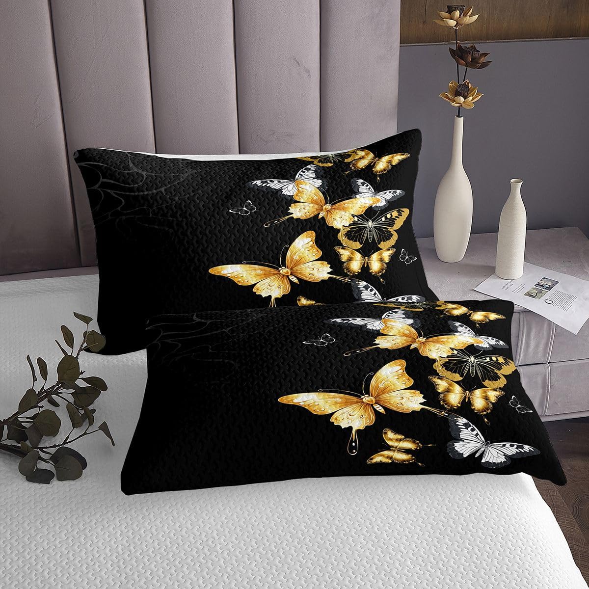 Erosebridal Butterfly Bedspread King Size for Girls Boys Women Bedroom Decor, Black and Gold Quilted Silver Gold Bedding Set, Soft Luxury Microfiber Coverlet Set, 1 Bedspread + 2 Pillow Cases