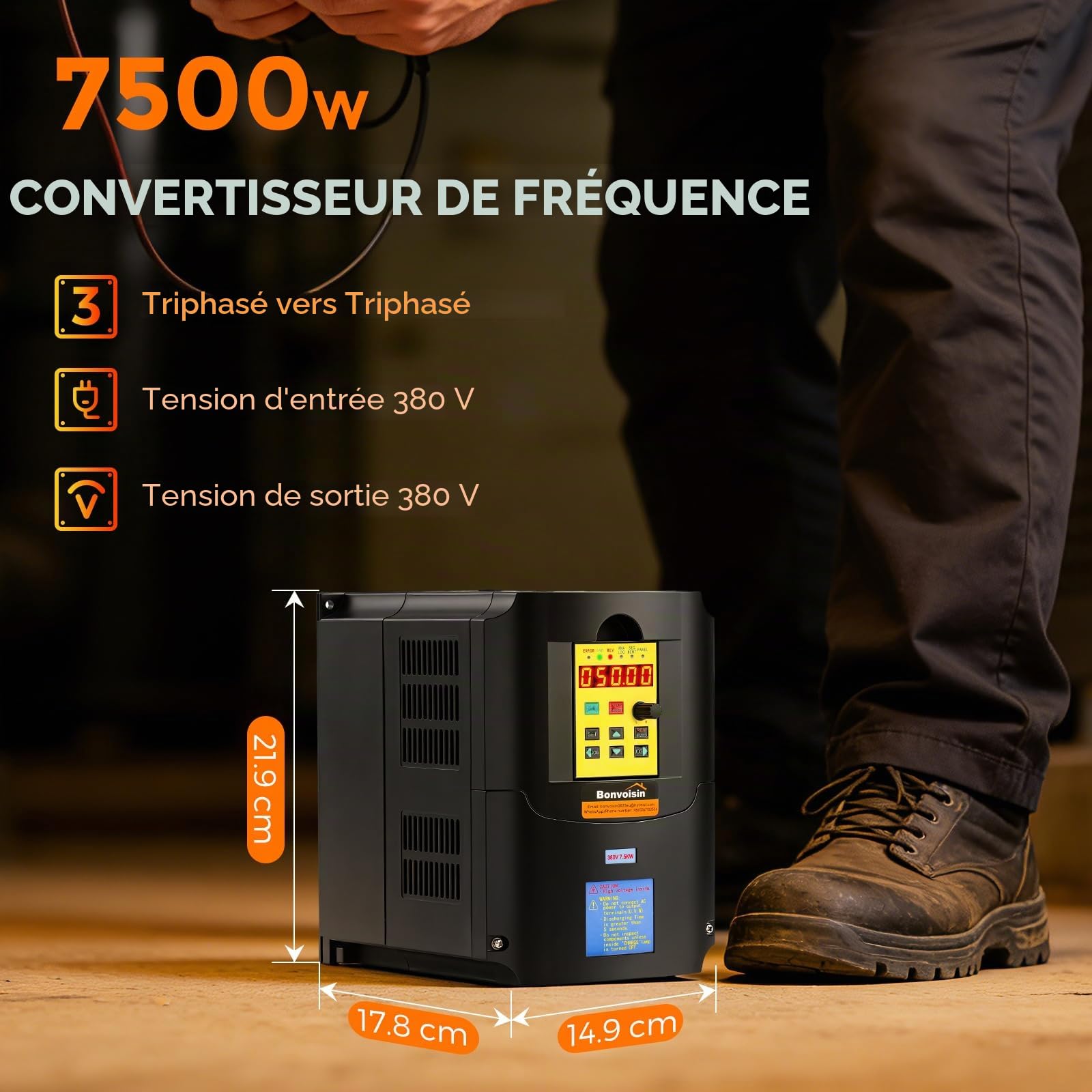 Bonvoisin Variateur De Fréquence VFD, 380v 7.5kw, Entrée Triphasée | 10 HP, Régulateur De Vitesse, Pour Moteur De Broche CNC Et Moteurs Industriels, Câble De Commande De 100 Cm Inclus