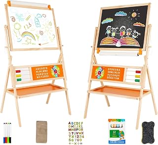 3-in-1 Wooden Easel for Kids, Toddle Double-Sided Easel with Magnetic Whiteboard and Painting Blackboard, 360° Rotatable, Paper-roll Holder, Storage Tray, and Stickers Included