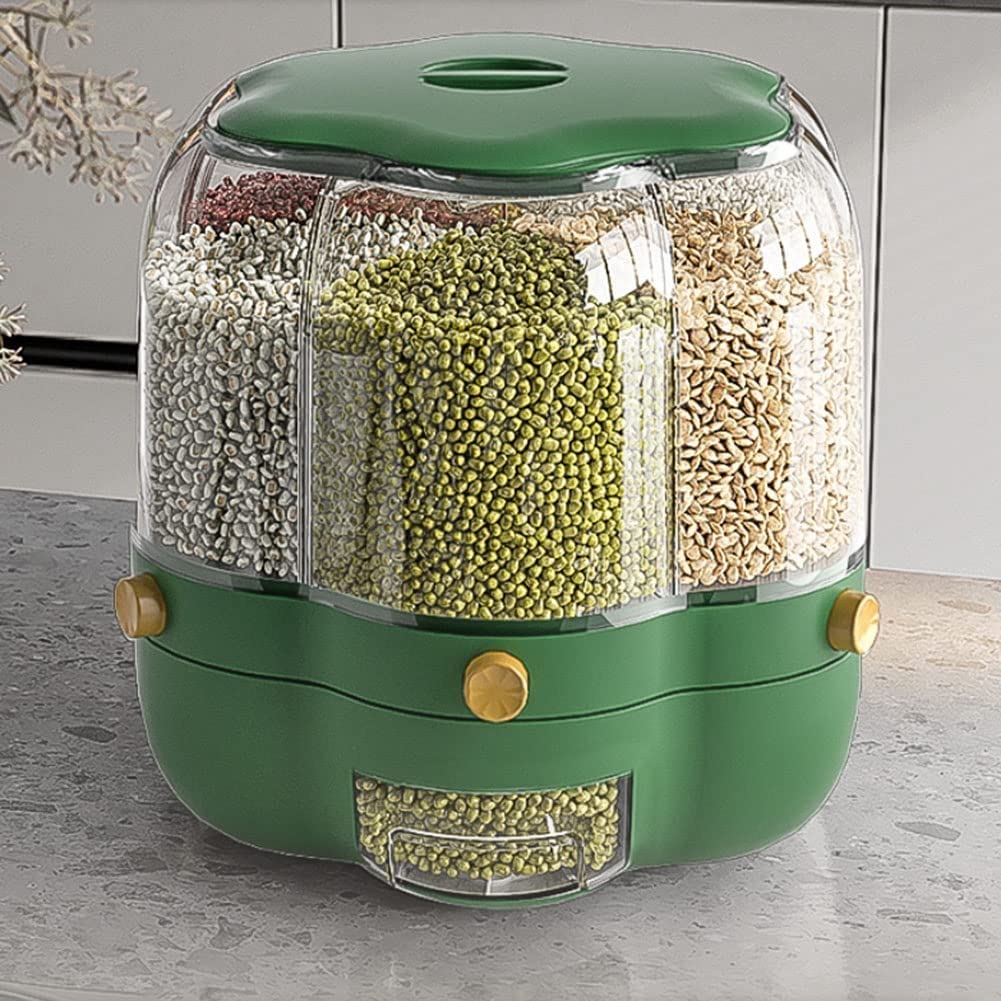 Contenitori per Alimenti Ermetici Girevole Dispenser per la conservazione del grano - Rotondo Trasparente 6 griglie Distributore di riso, Uscita con un clic per cereali/fagioli, Multifunzionale