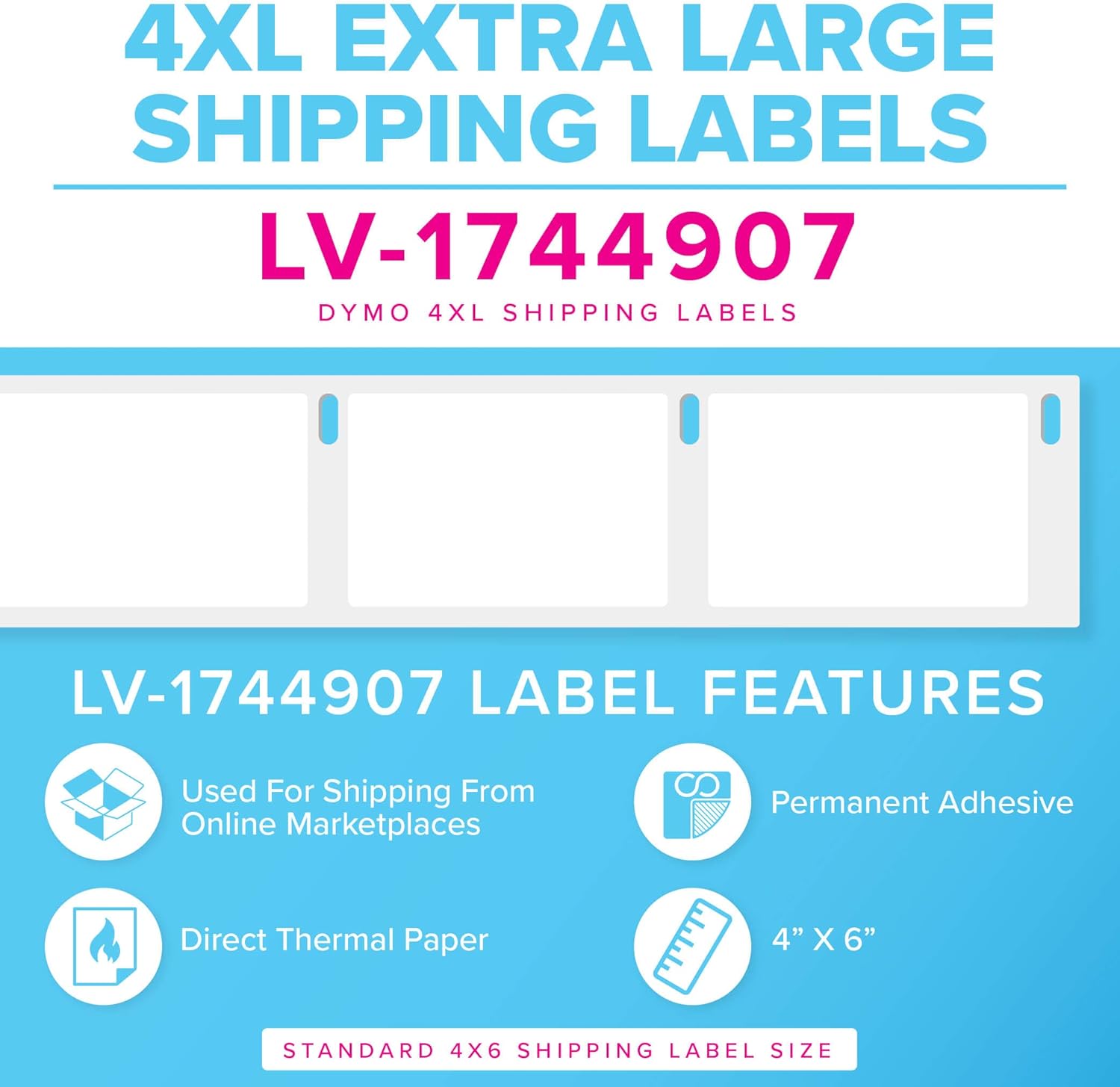 LabelValue LV-1744907POLY Durable Non-Tear Shipping Labels - 4" x 6", 220 Labels/Roll, Waterproof Polypropylene Material, White - Compatible with DYMO LabelWriter 4XL Direct Thermal Label Printers