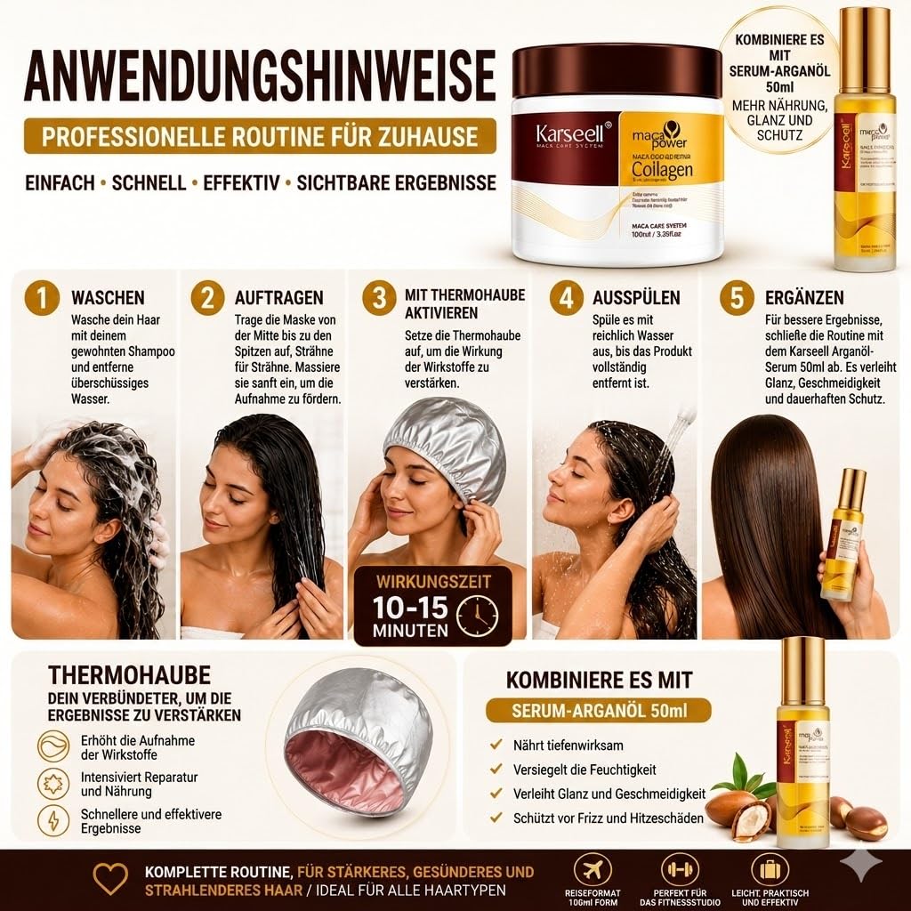 Karseell MACA CARE SYSTEM Set Haarmaske Kollagen 100ml + Arganöl-Serum 50ml Kokos Maca Tiefenreparatur Intensive Feuchtigkeit Anti Frizz Trockene Geschädigte Haare Professionelle Pflege Reisegröße
