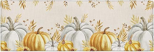 Miniatura 215 de Alfombras y tapetes de cocina Hello Fall, 2 unidades, color azul, naranja, calabaza, hoja de arce, pájaros, alfombras antideslizantes con pasillo