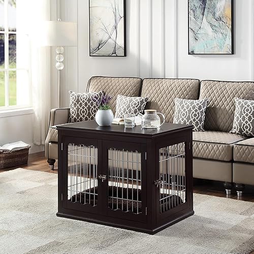 Miniatura 3 de unipaws - Mesa auxiliar con cojín para mascotas, alambre de madera para perros con puertas dobles, diseño moderno, caja de tamaño mediano y grande,