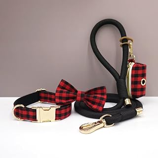 Personalized Plaid Dog Walking Set with Collar Leash Matching Bow Tie and Pooper Scooper Bag