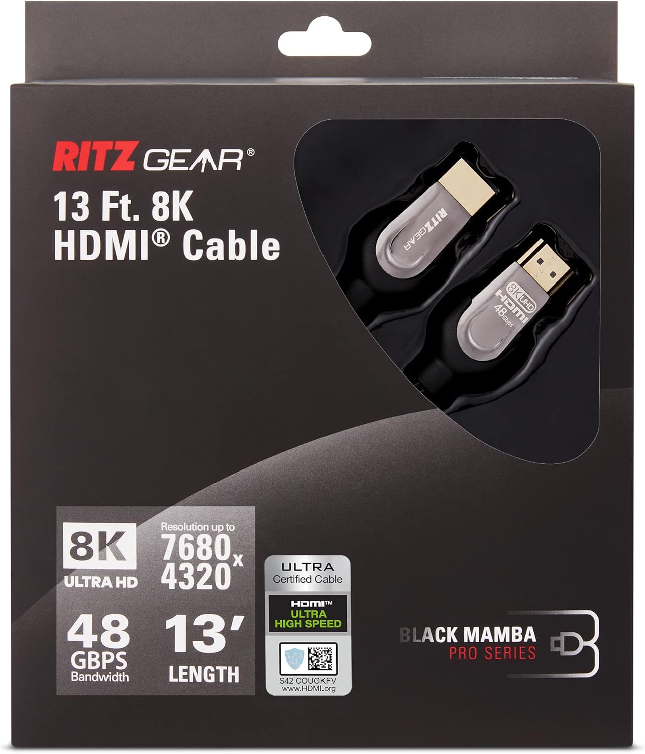 Ritz Gear 8K HDMI 2.1 Cable 13 ft. 48 Gbps Ultra High Speed Braided Nylon Cord & Gold Connectors - 10K/8K@60Hz UHD Video/4K@120Hz/4K@60Hz/2K/1080P. Compatible with UHD TV/Monitor/PC/PS5/Xbox