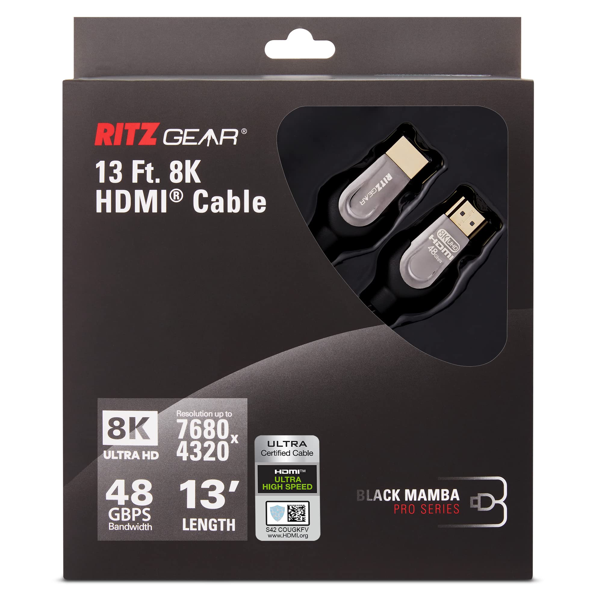 RitzGear Câble HDMI 2.1 8K 4 m Câble en nylon tressé ultra haute vitesse 48 Gbit/s et connecteurs dorés – Vidéo UHD 10K/8K @ 60 Hz/4K @ 120 Hz/4K @ 60 Hz/2K/1080p. Compatible avec TV UHD/moniteur/PC
