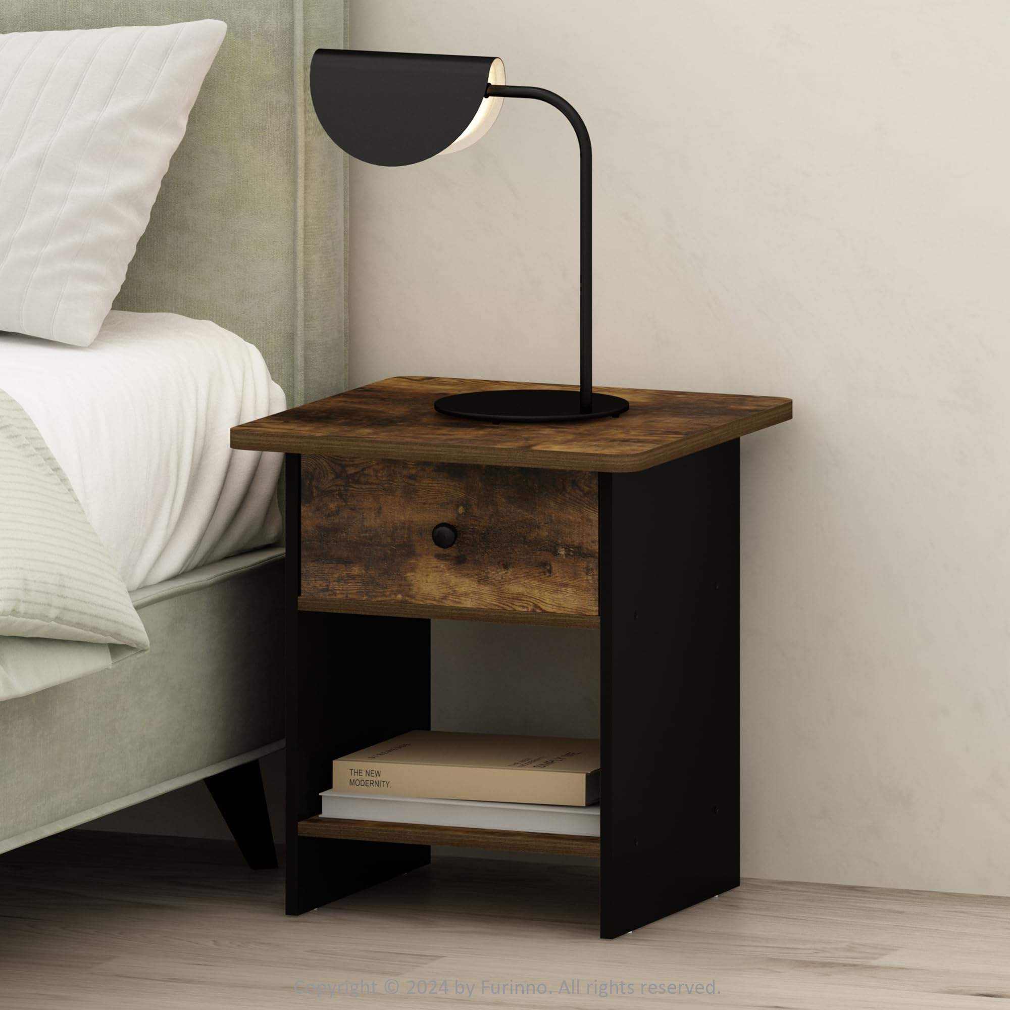 Furinno TIDUR Night Stand, Square Round Corner Nightstand with Storage Bin, Bedside Table, End Table, Side Table with Storage Shelf, for Bedroom, Living Room, Amber Pine
