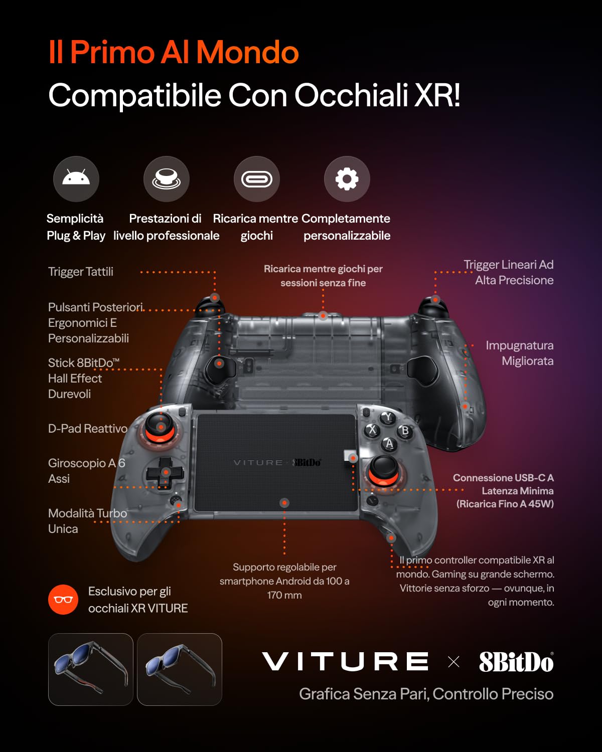 VITURE x 8BitDo Ultimate Mobile Gaming Controller - Primo al mondo per XR | USB-C latenza minima, stick Hall, gioco+carica, perf professionali Android