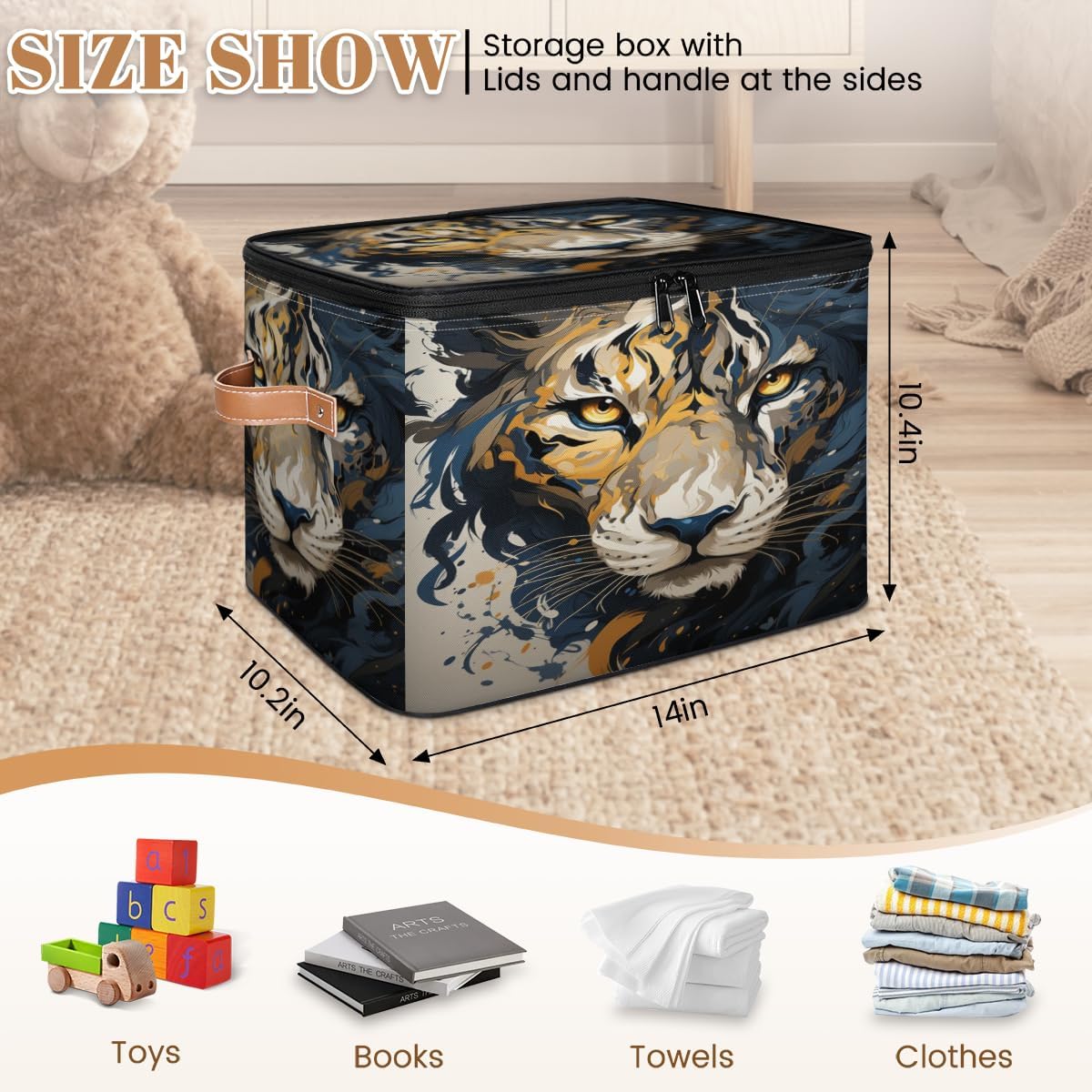 Storage Bin Set of 2 3D Leopard Storage Basket with Zipper Lid & Handle Foldable Closet Shelf 2 Pack Cloth Organizer Basket Cube Bins Clothes Organizer for Bedroom, Nursery