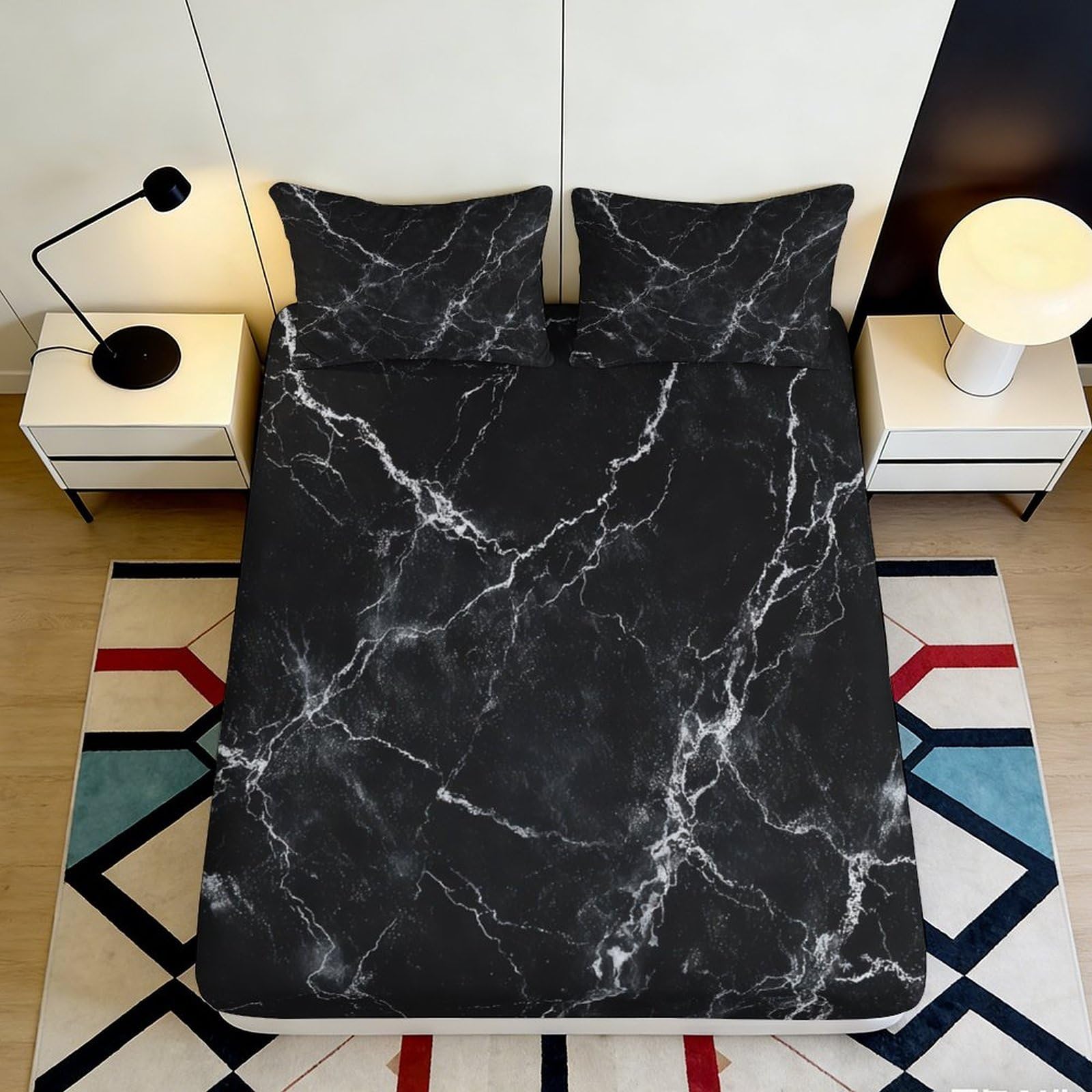 Jqzkxnhpbr Style-7 3D Printed Black Marble Fitted Sheet Microfiber Soft Breathable White Vein Bed Cover For Bedroom Dorm Mattress Decor 90X200x25cm