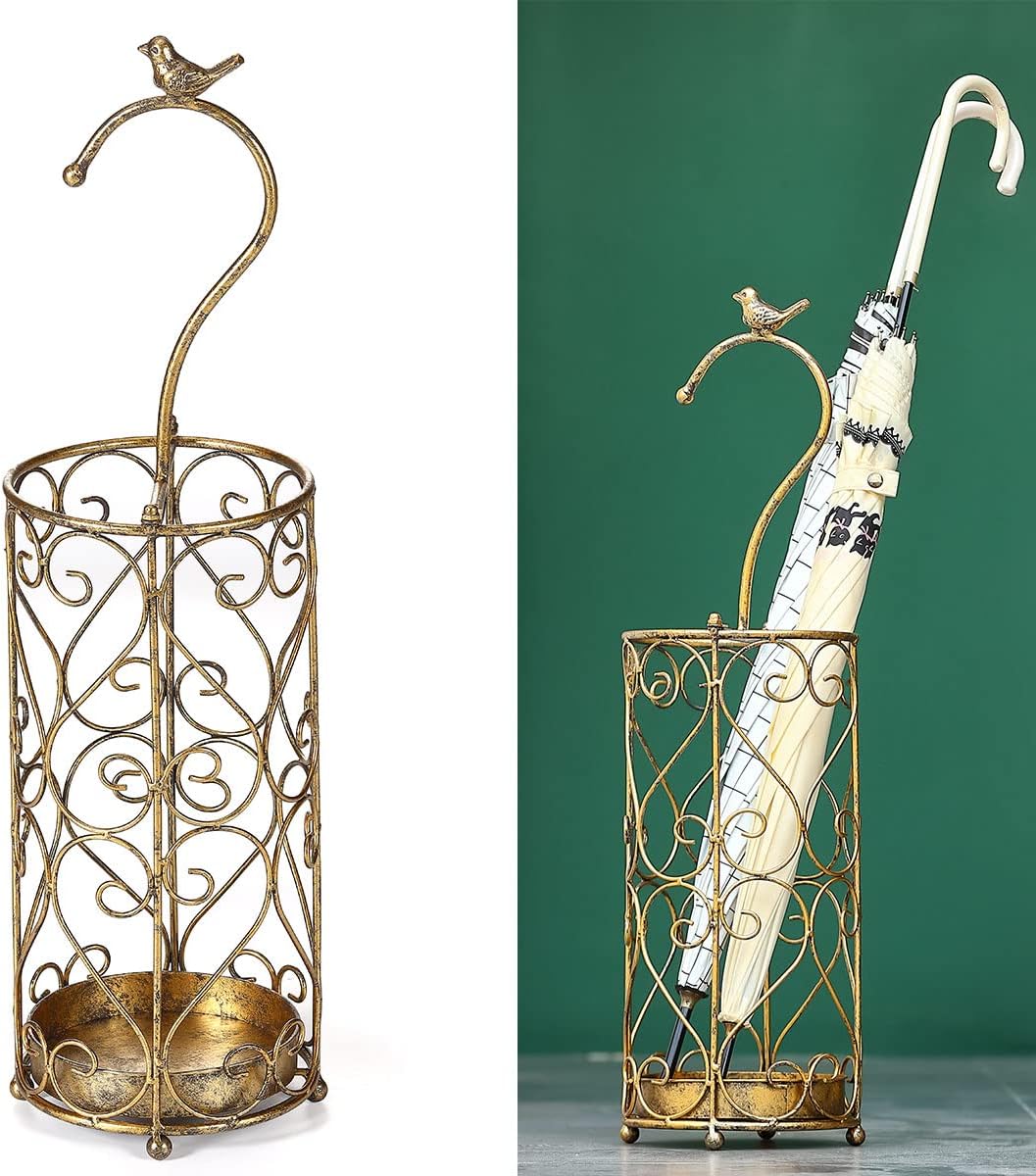 Umbrella Rack Stand,Umbrella Rack for Entryway,Canes Walking Sticks,Cast Iron Bird Handle and Drip Tray (Antique Gold)
