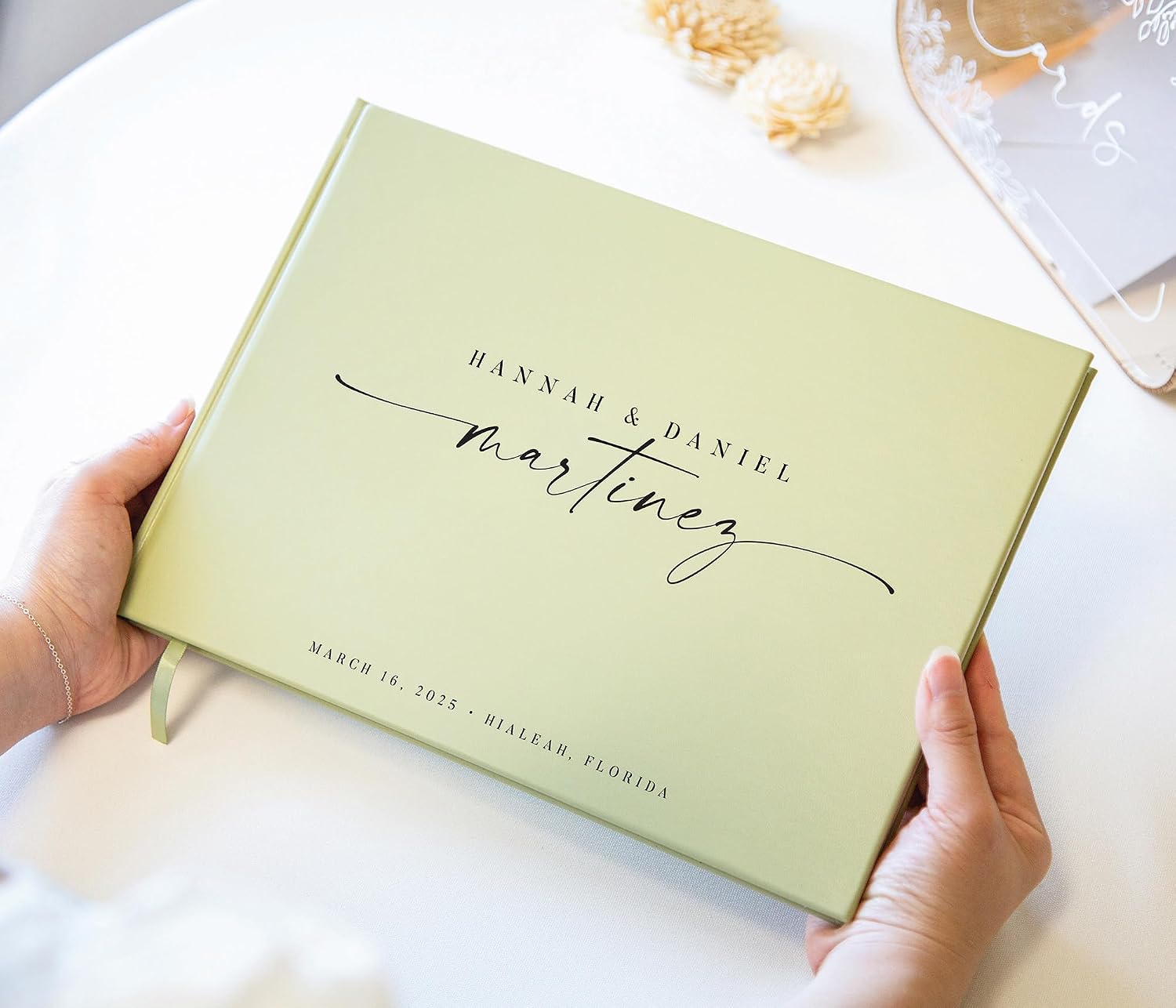 Personalized Guest Book - 11.5" x 8.5" Custom Bride & Groom Names with Bookmark and Hard Cover 140 GSM Blank Pages, for Weddings Guest Book, Engagements, Birthdays, Special Events, Sage