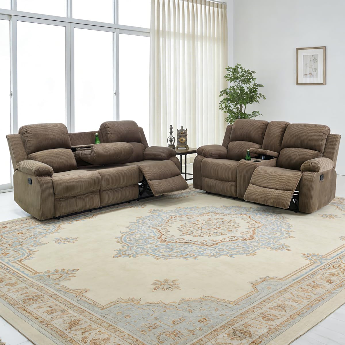 Manual Recliner Sofa Set, Living Room Furniture Sets, 2PCS Fabric Reclining Sofa Loveseat Set with Cup Holders & Storage, Modern Recliner Couches for Home, Office, RV | Peanut Color, Corduroy