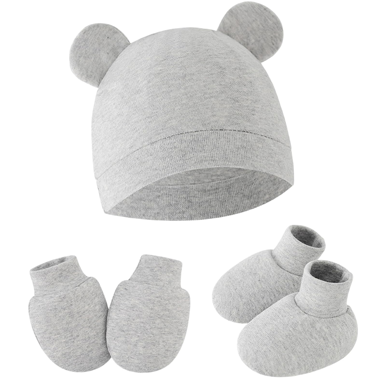 Lokorus Unisex Newborn Grey Newborn Beanie Hats Mittens Foot Cover Set Autumn/Winter Newborn Cotton Baby Caps Gloves Foot Covers Set For Infants