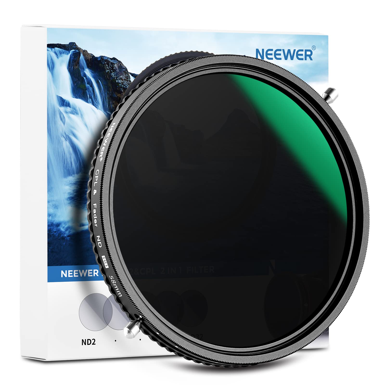 NEEWER 2 w 1 58 mm zmienny filtr ND ND2-ND32 i CPL (filtr polaryzacyjny) No X Cross zmienny szary filtr HD szkło optyczne 30-warstwowe nano, powlekane wodą, odporne na zarysowania