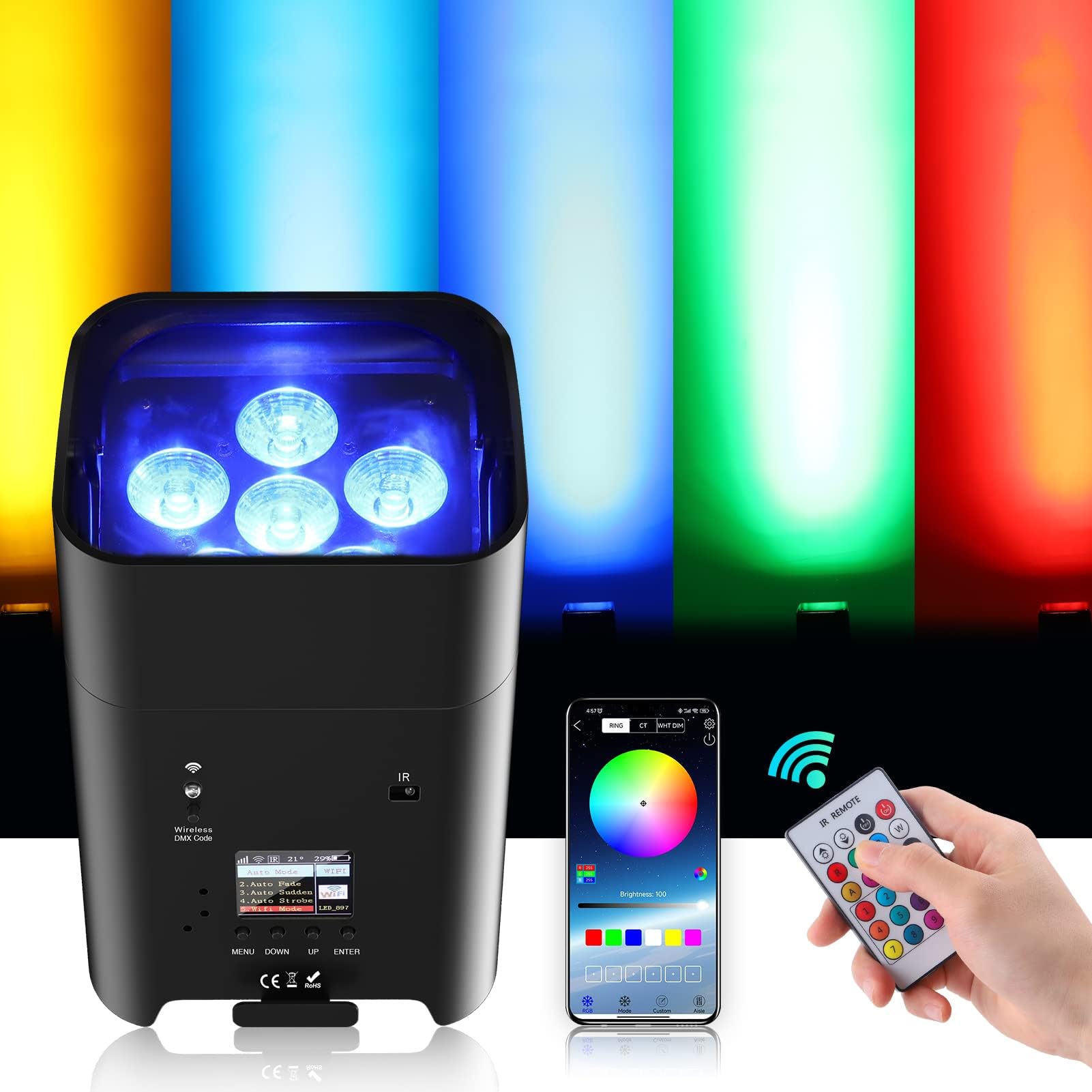 108W Akku LED Par Scheinwerfer, 8800 mAh Wiederaufladbar RGBWA+UV Bühnenlicht Strahler Uplight mit Fernbedienung/DMX/APP (iOS und Android) für DJ Party Bar Weihnachten Hochzeit
