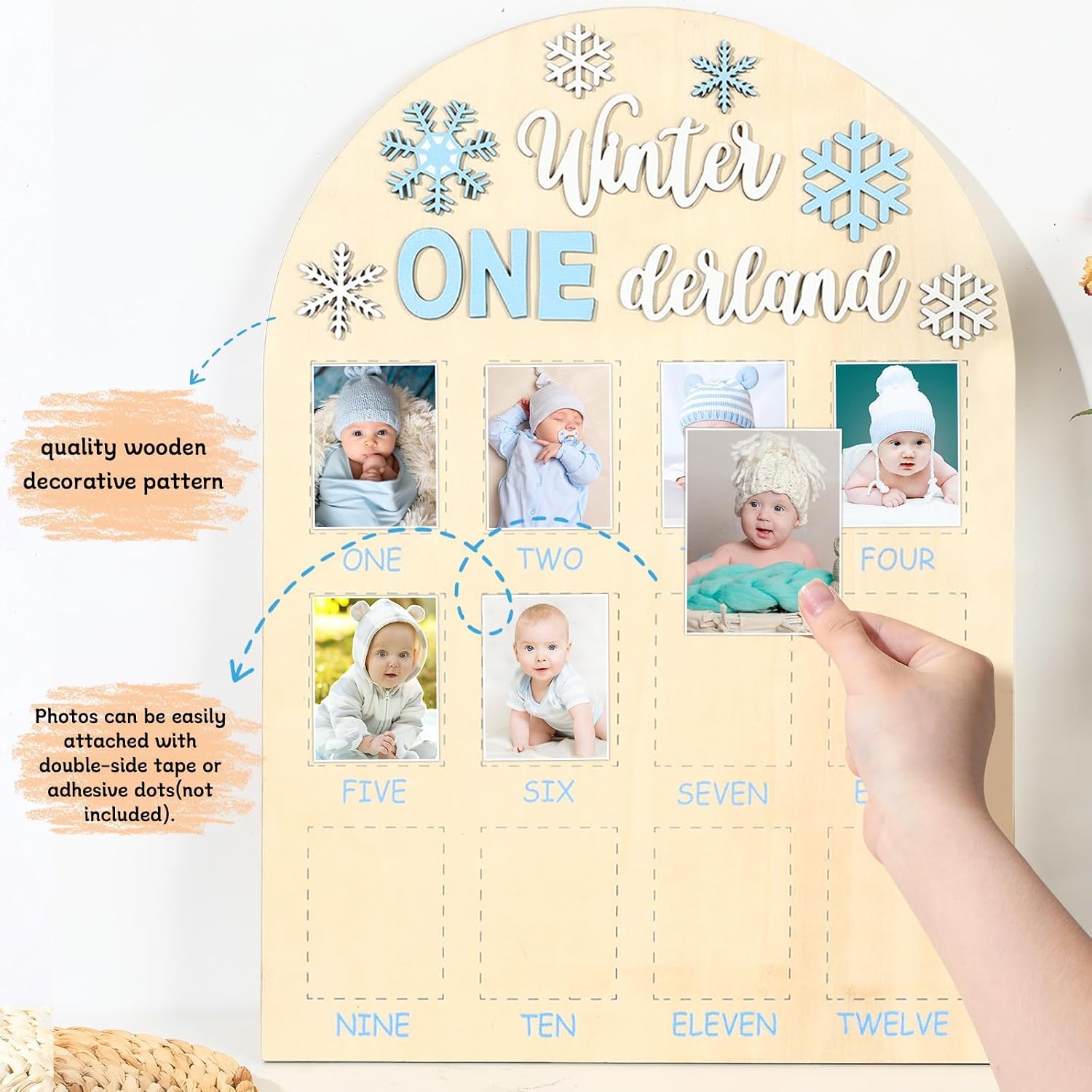 My First Year Photo Frame Board First Year Picture Frame 12 Months Milestone Board Photo Display Wood Board One Year Winter Snowflake Nursery Decorations Gift for 1st Birthday Baby Boy Keepsake Gift