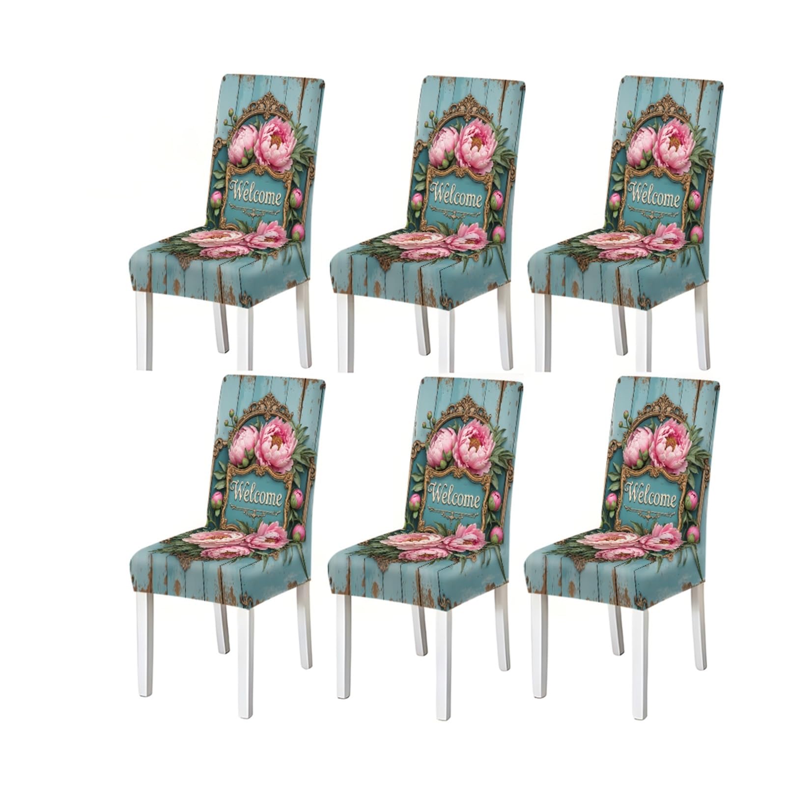 KXUAUV Vintage Wood Grain Peony Welcome Floral Print Stretch Dining Chair Covers For Kitchen Dining Living Room Farmhouse, 2/4/6PCS Seat Protectors for Restaurant Hotel Party(6PCSChair cover)