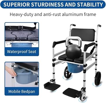 Rolling Shower Chair with Wheels for Elderly and Disabled, Foldable Wheelchair Lightweight Folding, Bedside Commode Chair with Arms for Toilet (Black)