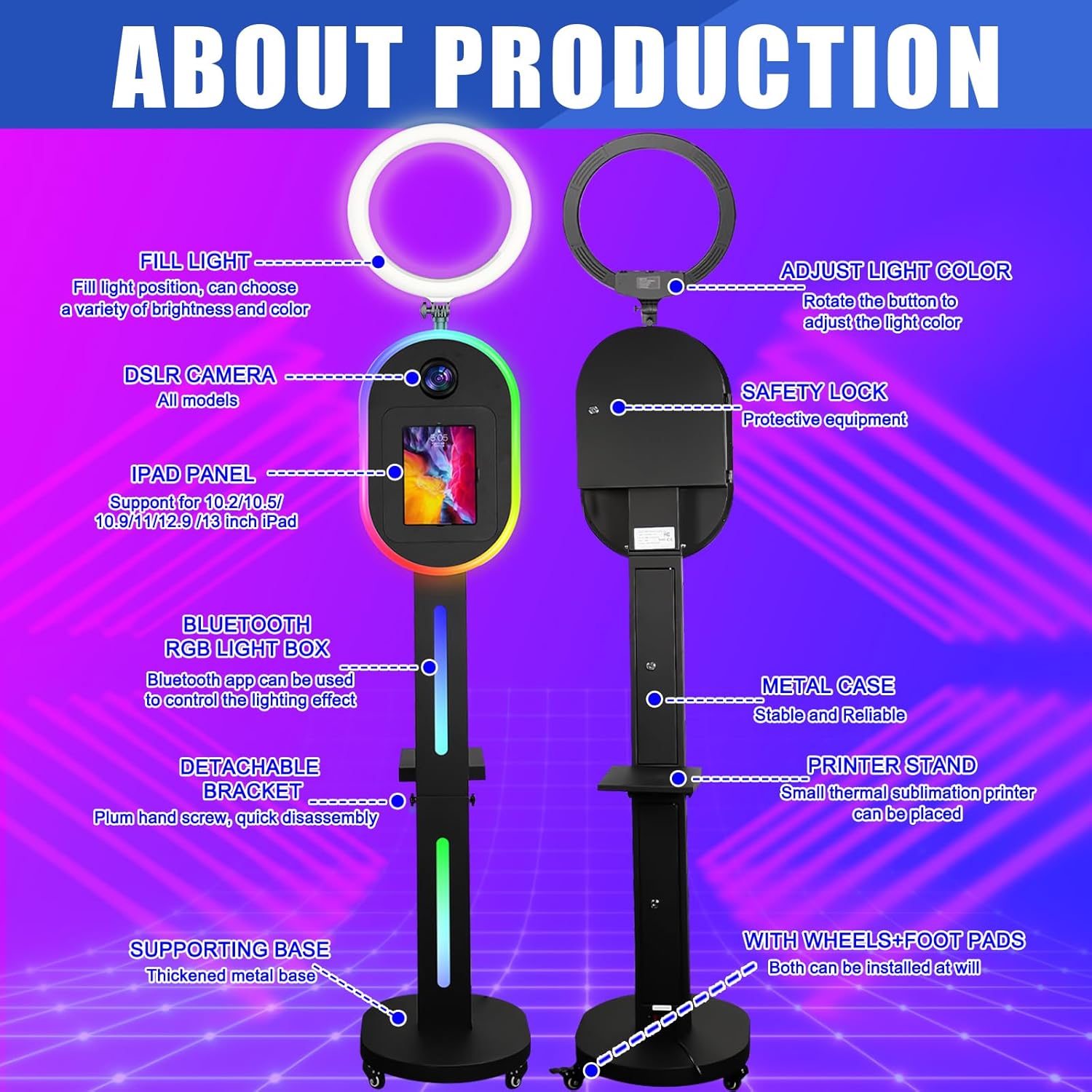 RDYMONKEY Photo Booth for All iPad and for Camera Dualuse Selfie Station Shell Stand APP Control RGB Ring Light Music Sync Light Box Photobooth Machine with Honeycomb Box for Rental