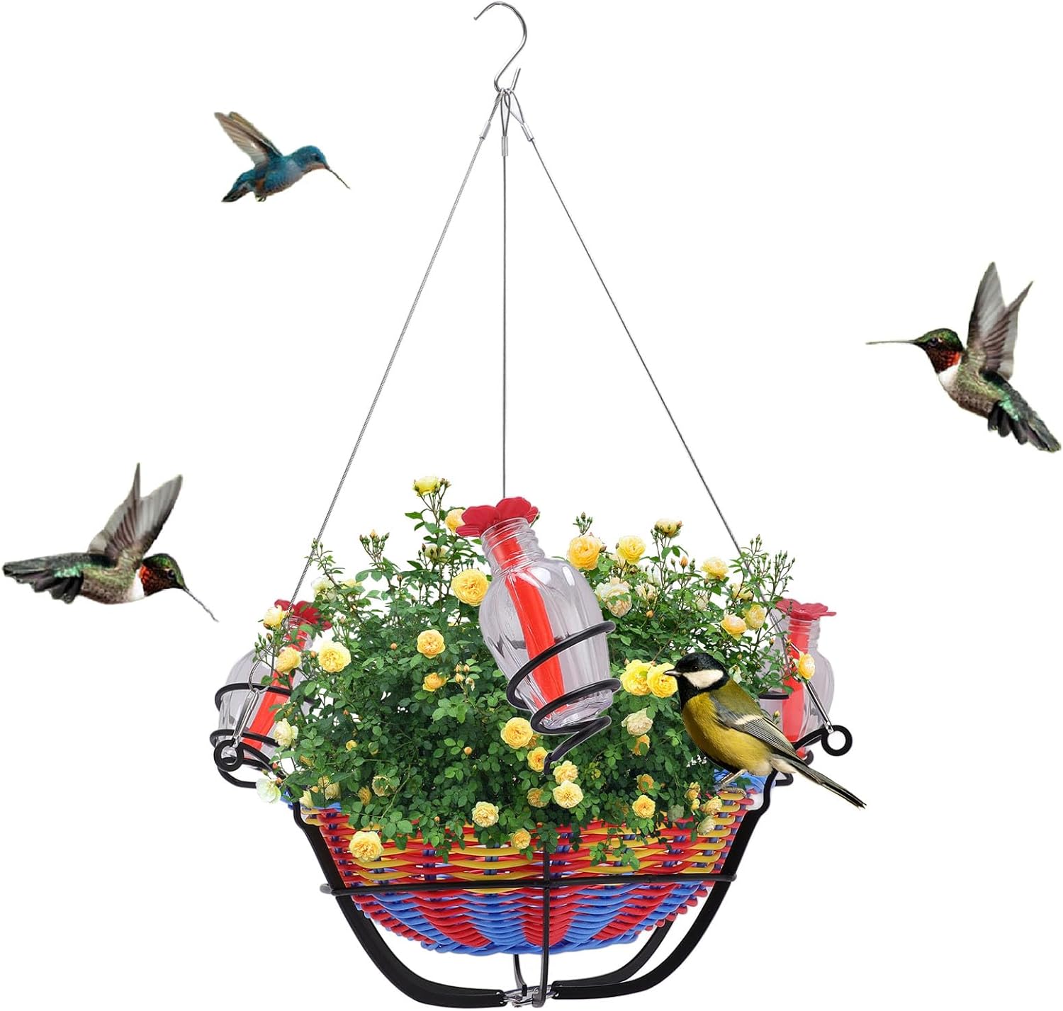 Hummingbird Feeders Flower Basket, Hanging Bird Feeder for Outdoors with Rattan Woven Metal Plant Holder, 3 Flower Feeding Ports Leak Proof Hanging for Garden Backyard Decor
