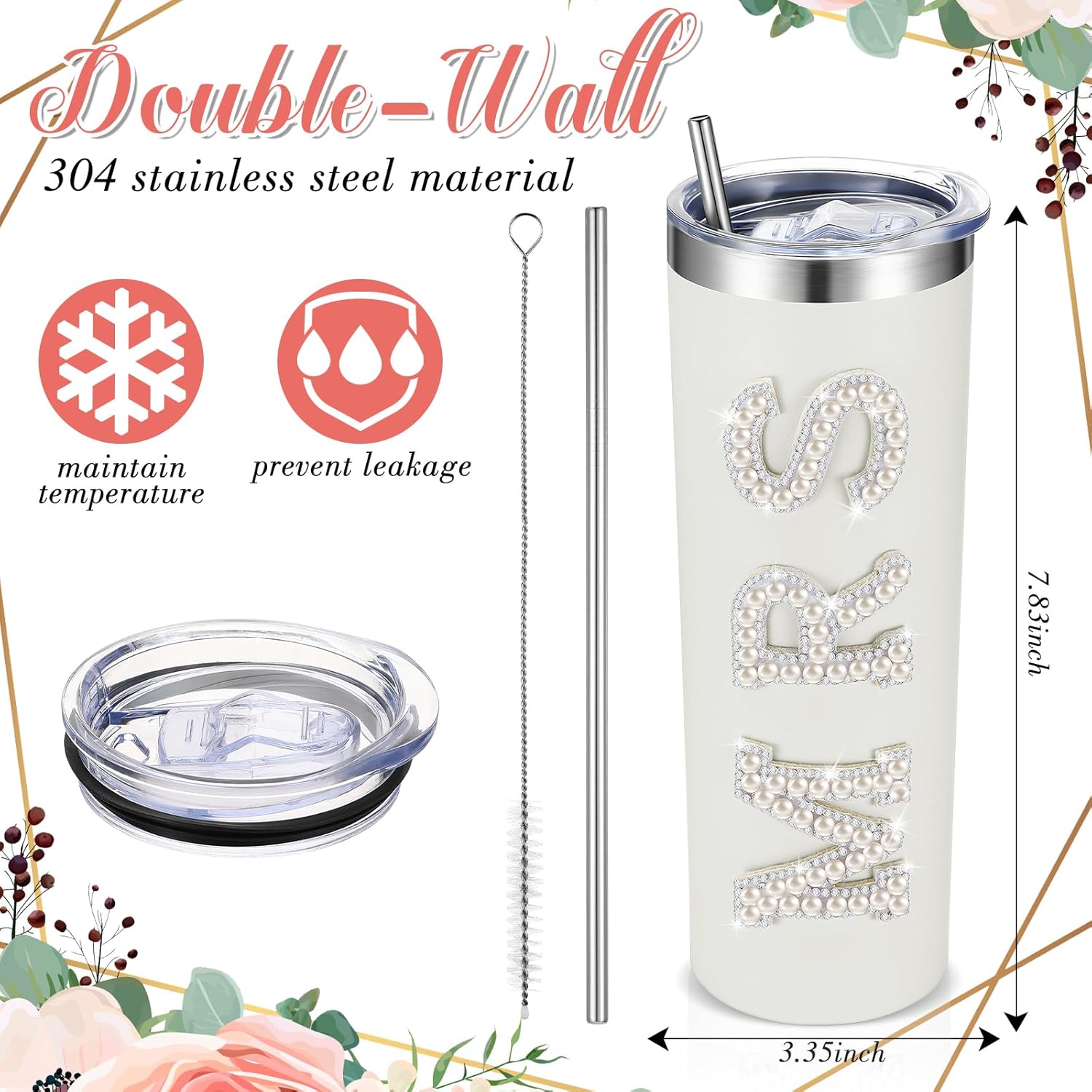 Zhehao Bride Cups Tumbler 20 oz Bachelorette Gift for Bride Tumblers Stainless Steel Mrs Cup with Lid Straw Bridal Gifts Mrs Water Bottle for Bridal Shower Engagement Party(White,Pearl) - Image 2
