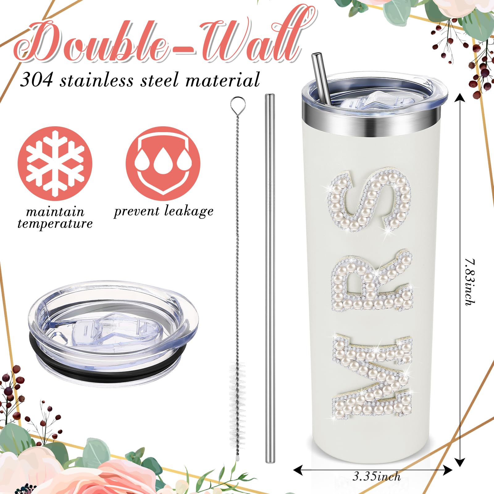 Zhehao Braut Tumbler – Edelstahl-Becher 20 Oz (ca. 590 Ml) Mit „MRS“-Aufdruck – Inkl. Deckel & Strohhalm, Perlen-Design