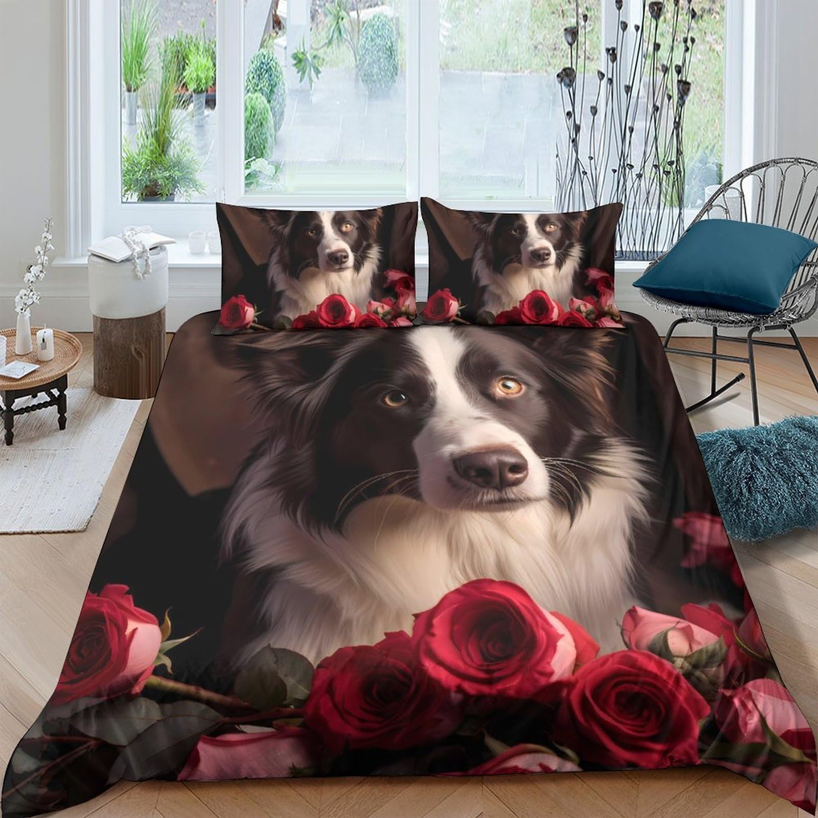 Ctjqhvkz Style-4 3D Printed Border Collie With Red Roses Fitted Sheet Microfiber Anti-Slip Bed Cover Bedroom Dorm Mattress Decor Single（135X200cm）