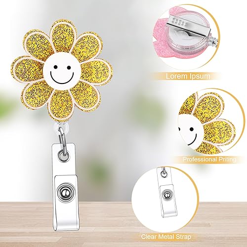 Miniatura 3 de Remuuly Carrete retráctil de 8 piezas para identificación de enfermera, con purpurina, diseño de vaca, niño, margarita, sonrisa, carretes